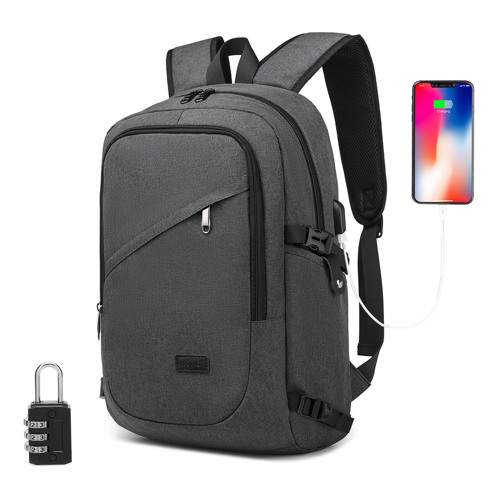 KONO Laptoprucksack, XL Laptop-Rucksack (50x30x14cm) + kleines Zahlenschloss