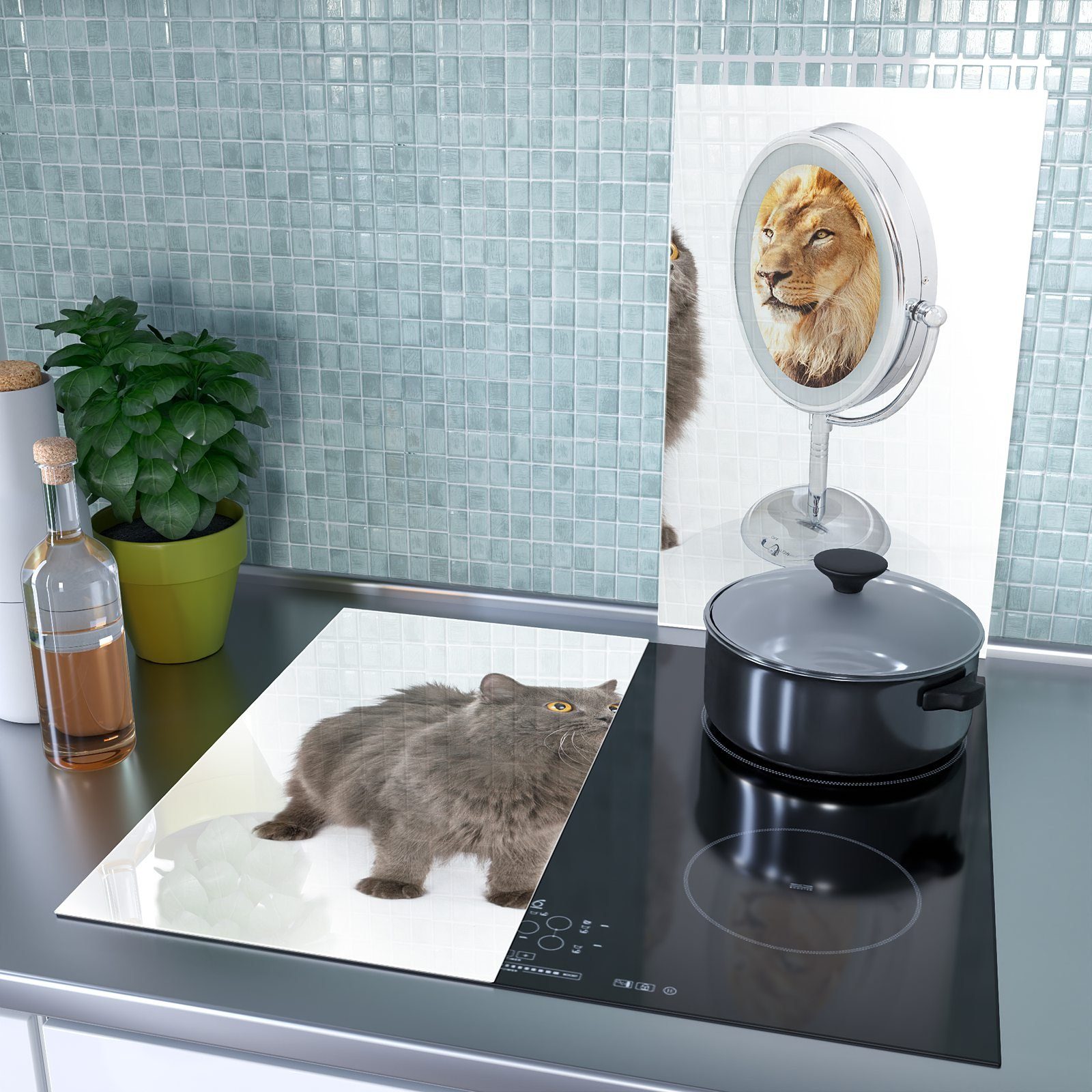 (2 Herd-Abdeckplatte Glas, Katze Primedeco sieht Herdabdeckplatte Löwe Spritzschutz Glas tlg) aus Spiegel, im