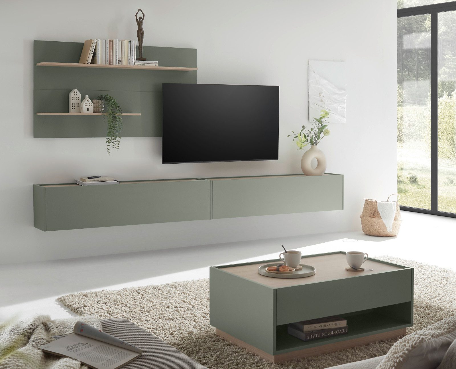 Furn.Design Wohnwand Center, (Set in Salbei Grün mit Eiche, 3-teilig, 300 x 180 cm), mit großem TV Lowboard