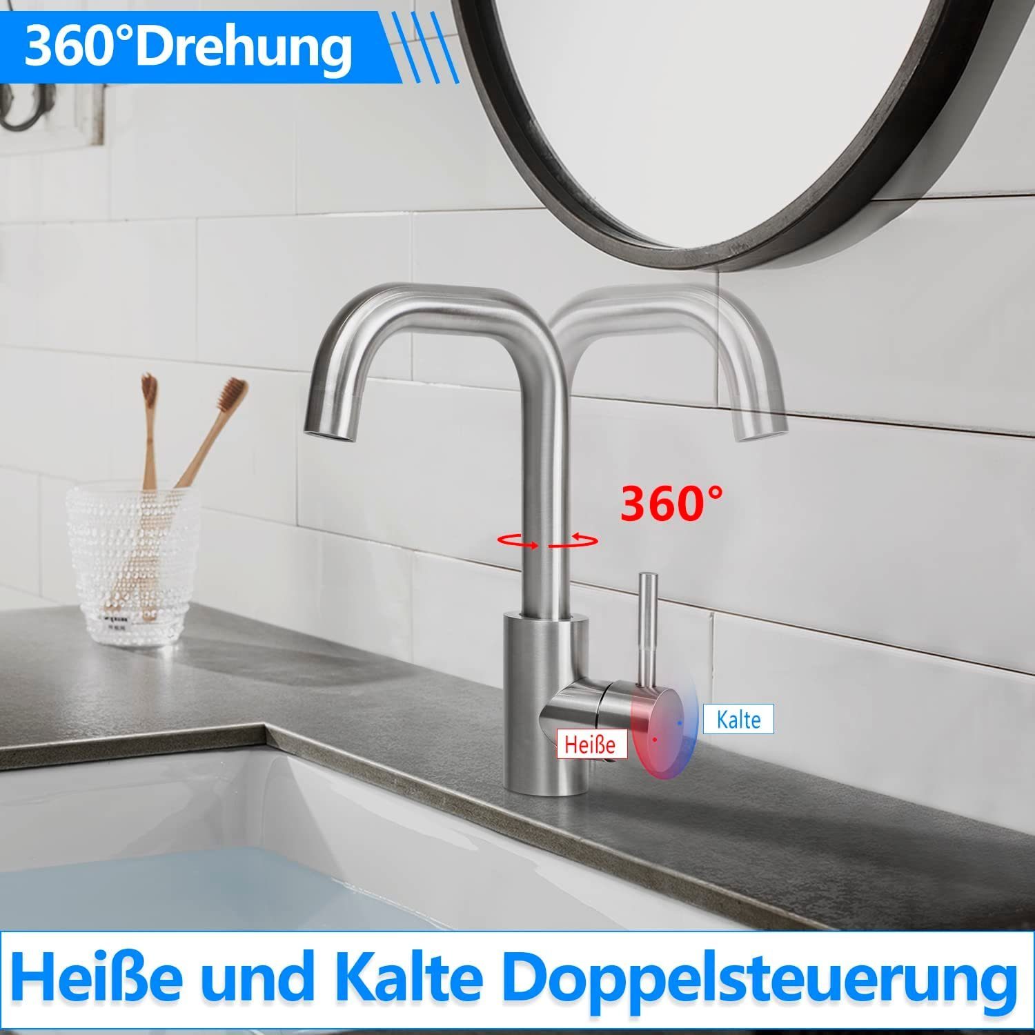 für chorme Waschtischarmatur Bad Niederdruck Nettlife Wasserhahn 360°Drehbar Badezimmer Edelstahl Badarmatur Mischbatterie) Küchenarmatur (1-St.,