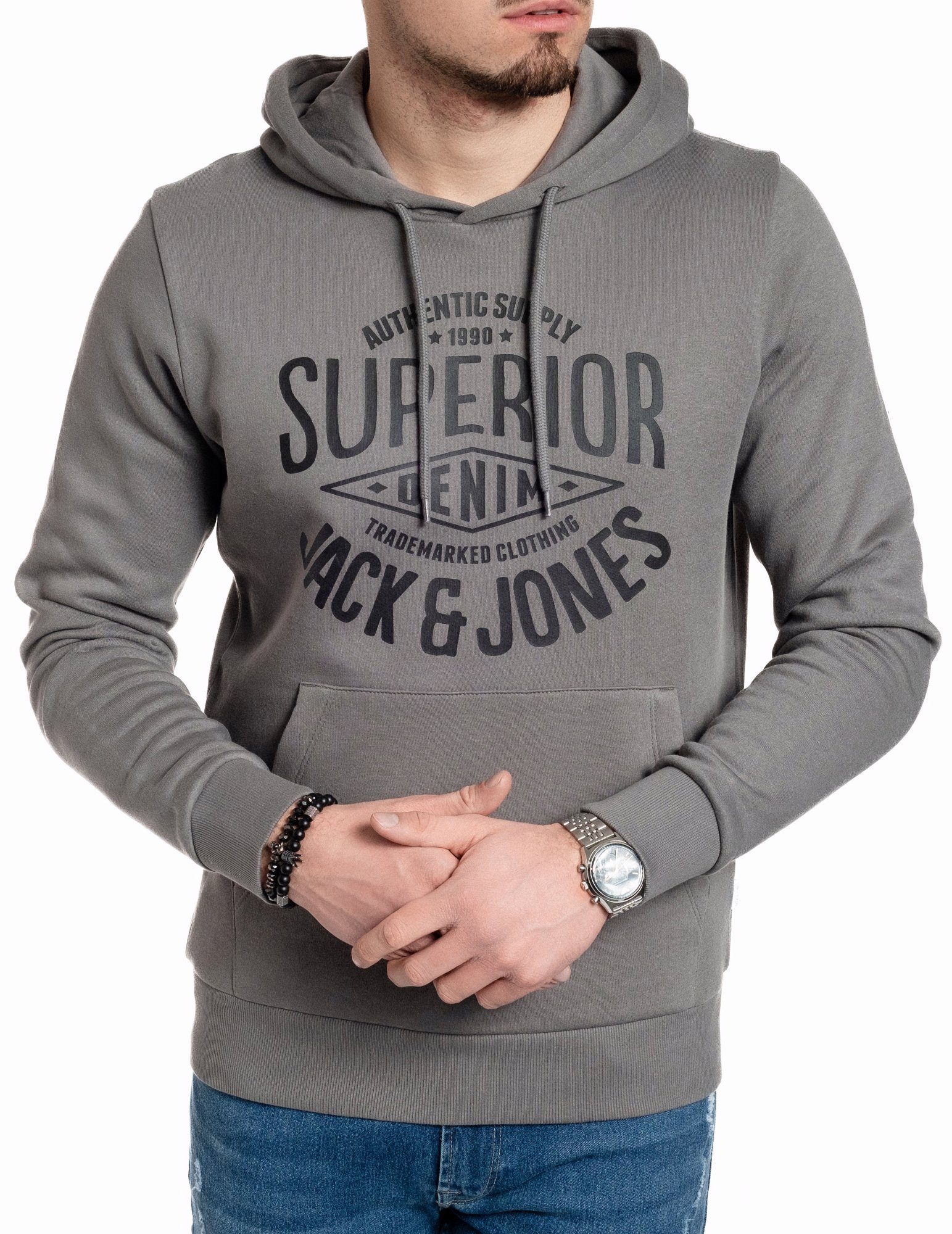 Jack & Jones Kapuzensweatshirt mit Kängurutasche, unifarben, mit Logodruck, mit Kapuze Sedona-Black-SUP