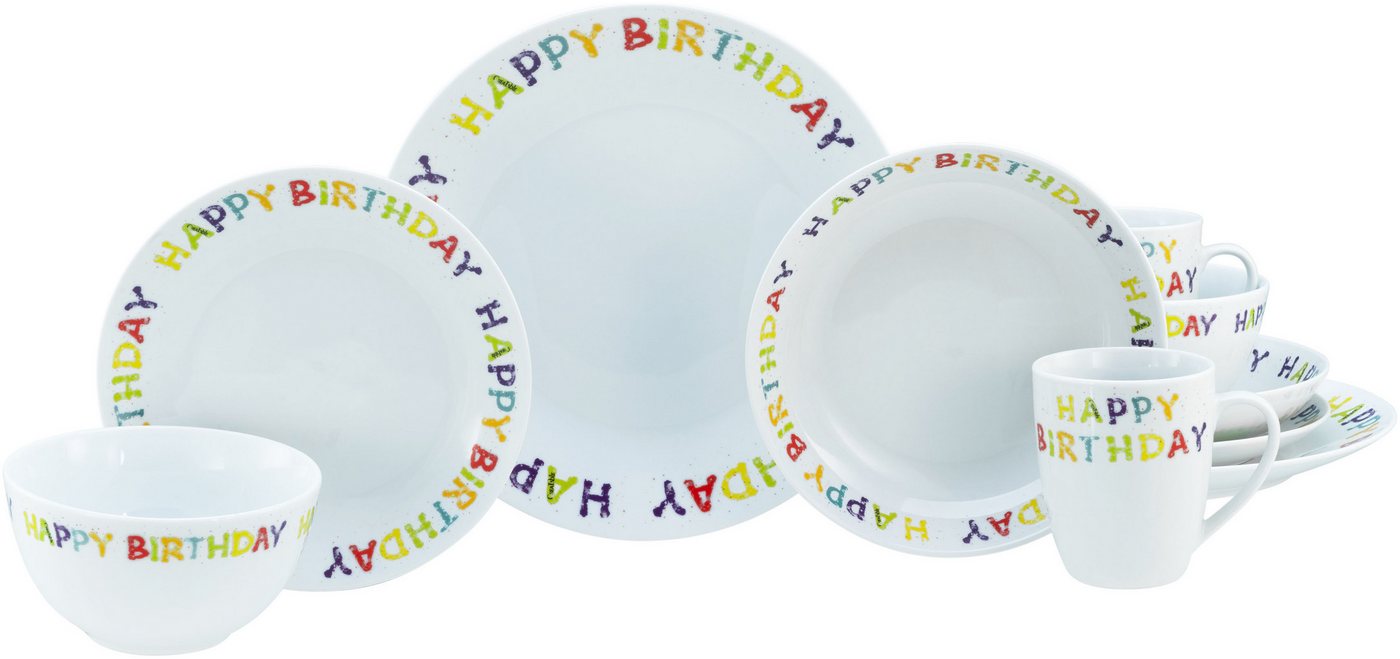 CreaTable Kombiservice Happy Birthday, Kombi-Service 10-tlg. (10-tlg), 2 Personen, Porzellan, Fröhliches buntes Geschirr, Für alle Geburtstagsfeierlichkeiten