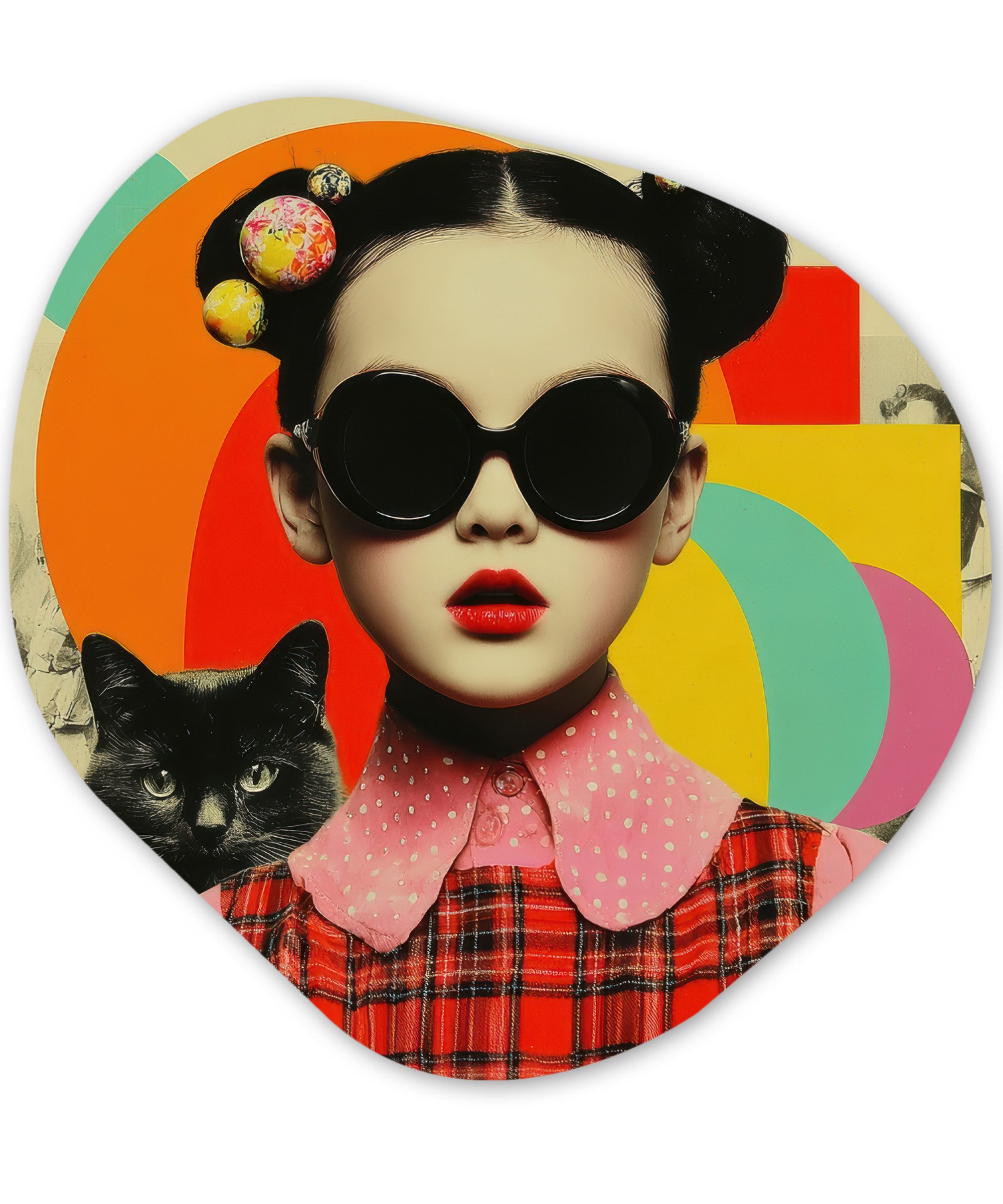 MuchoWow Gemälde Mädchen - Sonnenbrille - Katze - Retro, Fotodruck (1 St), Wandbild Abstrakt, Wohnzimmer Schlafzimmer Wanddekoration, 40x40 cm