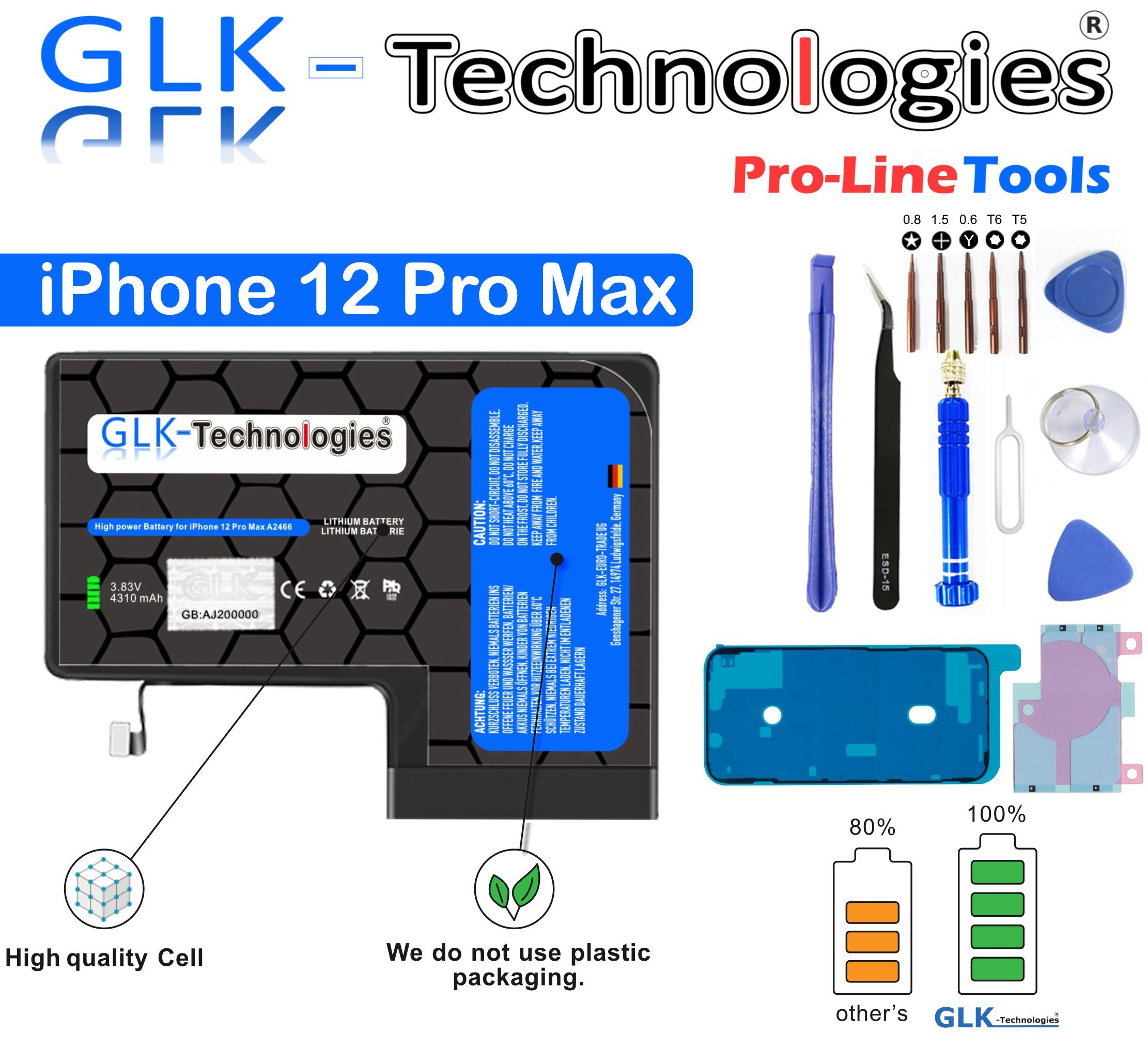 GLK-Technologies Glk-Technologies für Apple iPhone 12 Pro Max A2342 Werkzeug Handy-Akku (3.85 V)