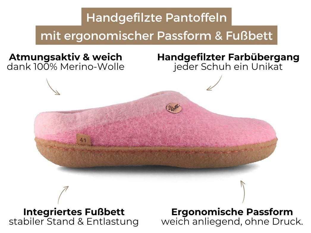 WoolFit Sherpa unisex Filzpantoffeln mit Gummisohle und Fußbett Hausschuh zweifarbig handgefilzt aus 100% Wolle