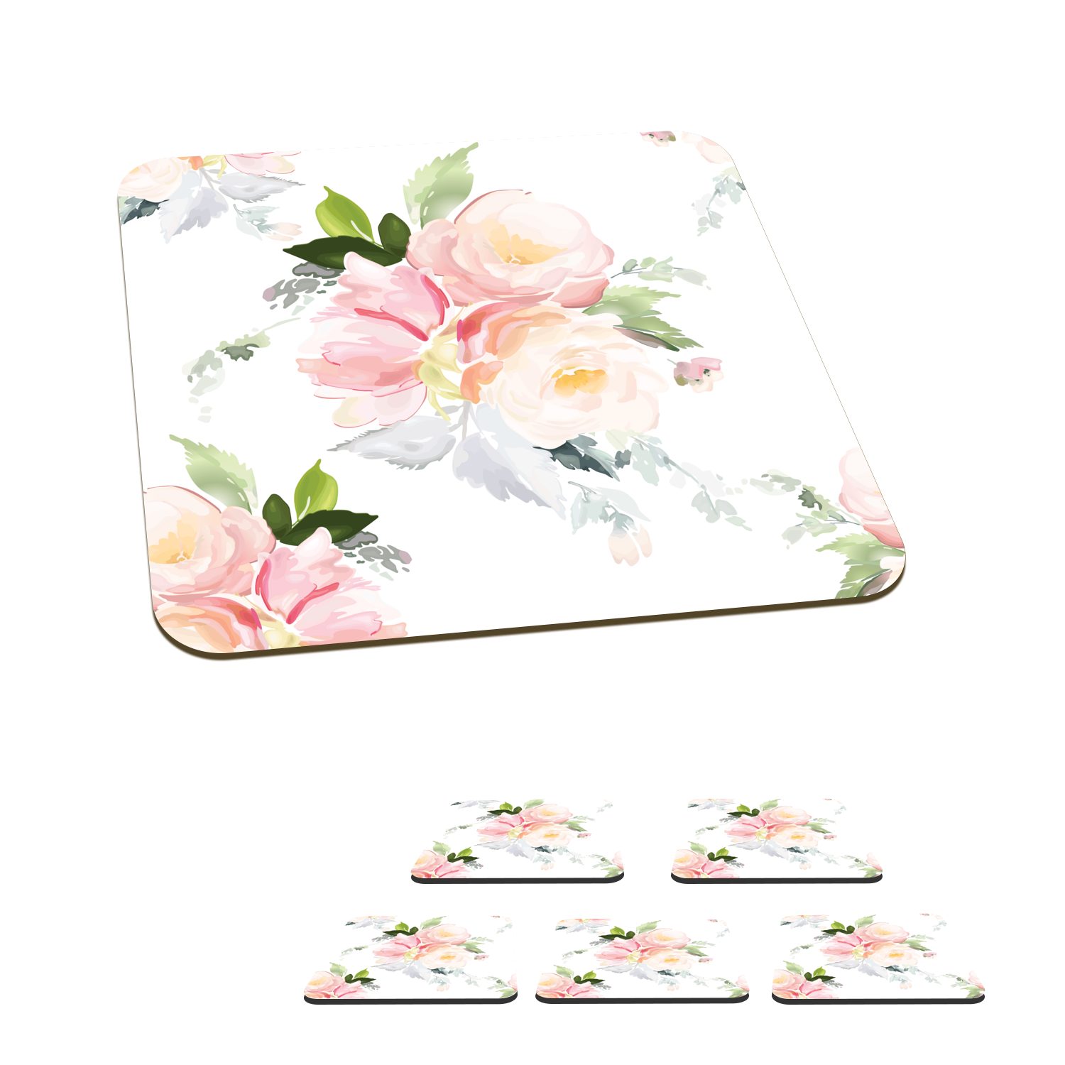 MuchoWow Glasuntersetzer Rosen - Aquarell - Weiß, Zubehör für Gläser, 6-tlg., Glasuntersetzer, Tischuntersetzer, Korkuntersetzer, Untersetzer, Tasse