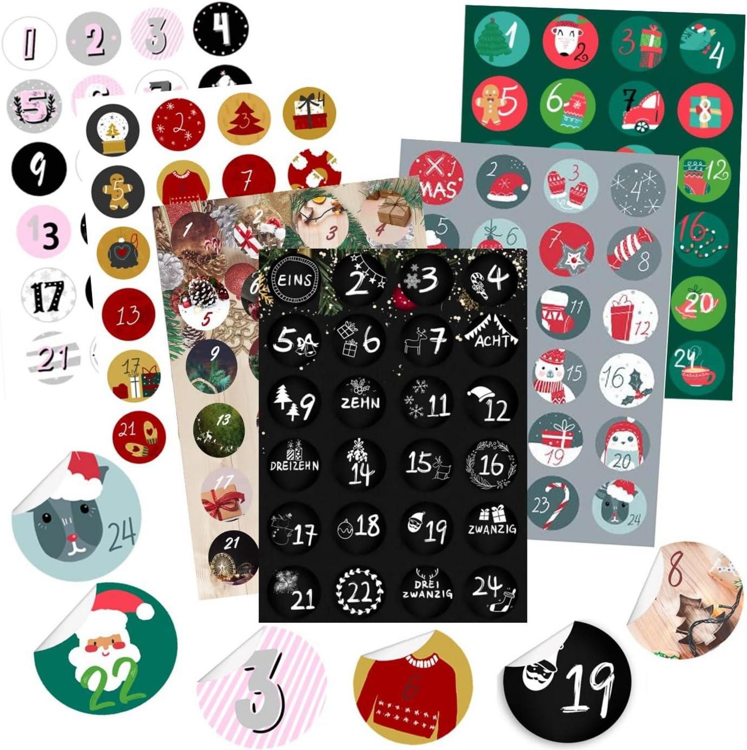 DIY-Adventskalender Adventskalender Zahlen Aufkleber Set 6x24 Sticker Weihnachten basteln
