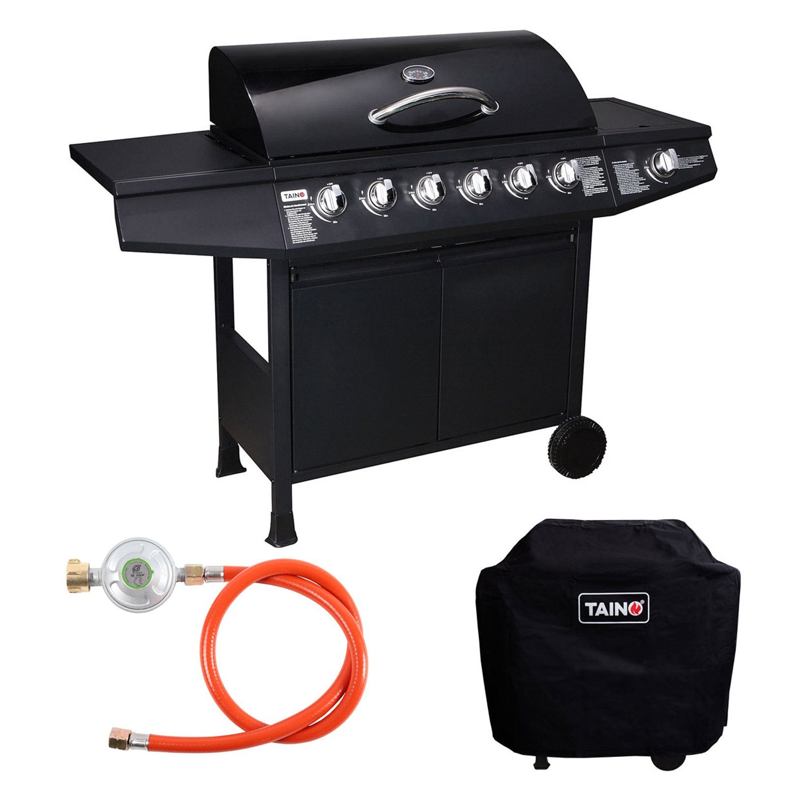 TAINO Gasgrill BASIC 6+1, Gasgrill mit Abdeckhaube, Gasregler und Gasschlauch, 6 Hauptbrenner aus Edelstahl, Seitenbrenner, Piezozündung