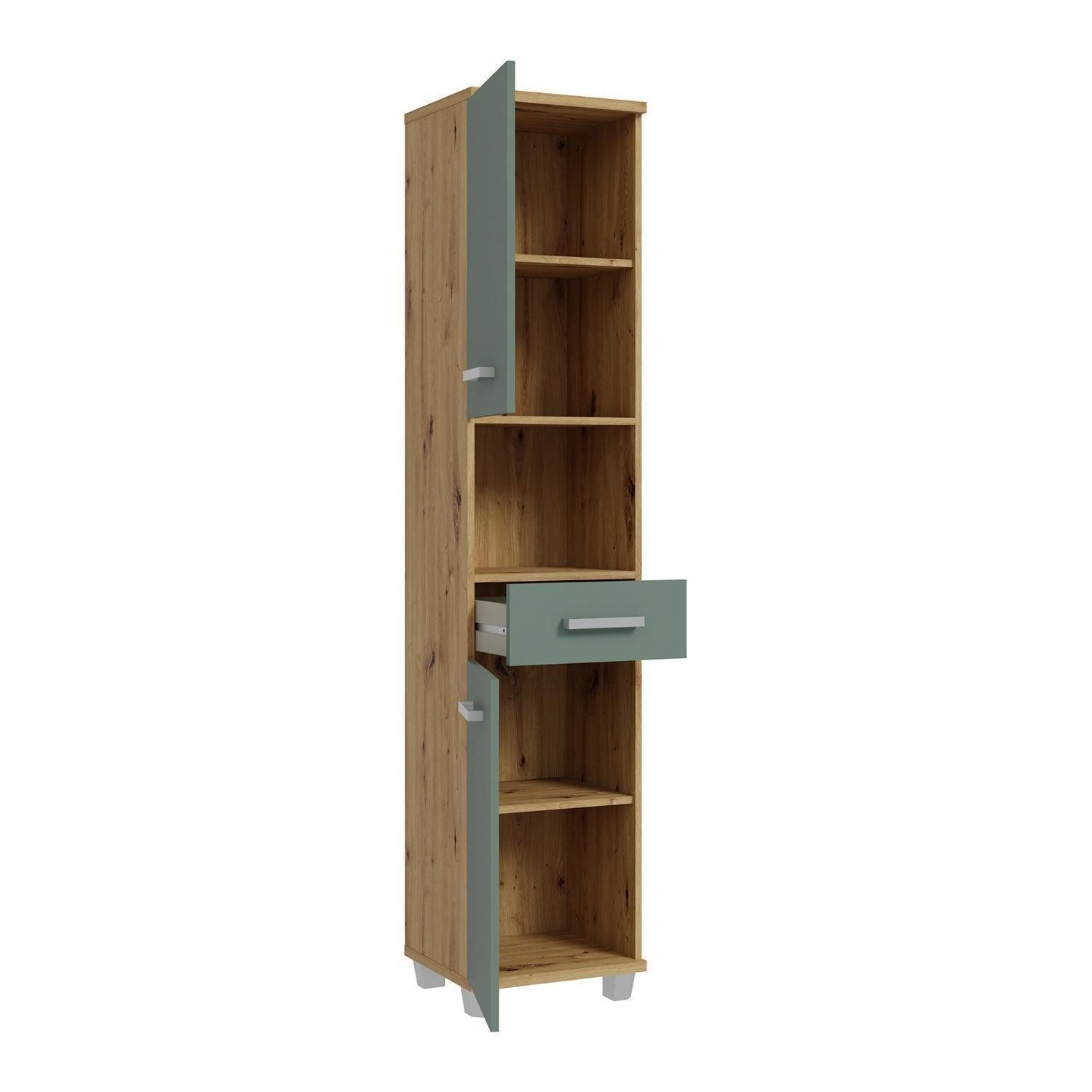 FORTE Hochschrank VERIS, B 40 x H 187 x T 35 cm, Artisan Eiche Dekor Salbeigrün matt, 2 Türen, 1 Schublade