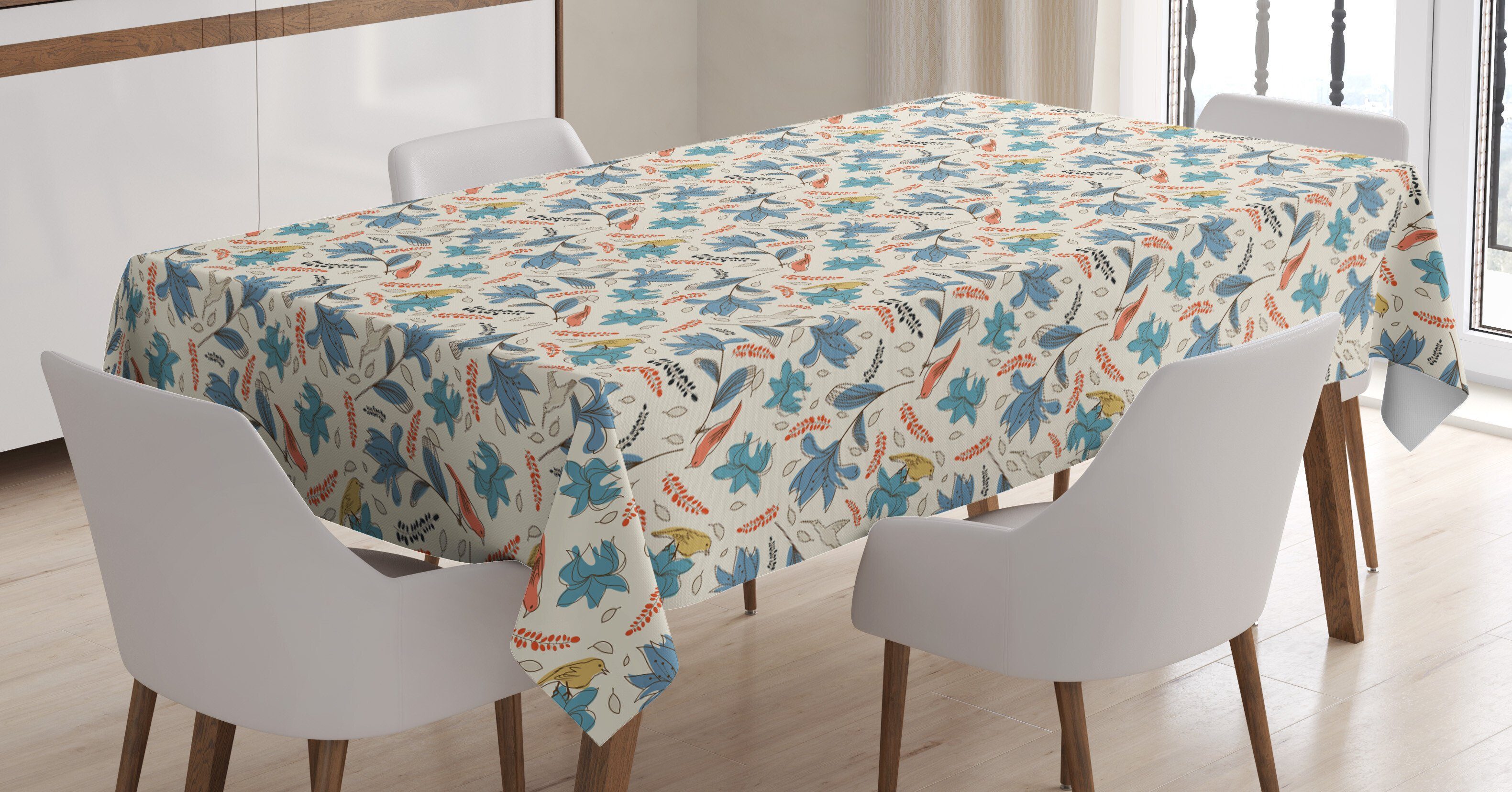 Abakuhaus Tischdecke Für Farbfest Natur den Farben, Außen geeignet Bereich Waschbar Klare Abstrakte Blumen Vögel und
