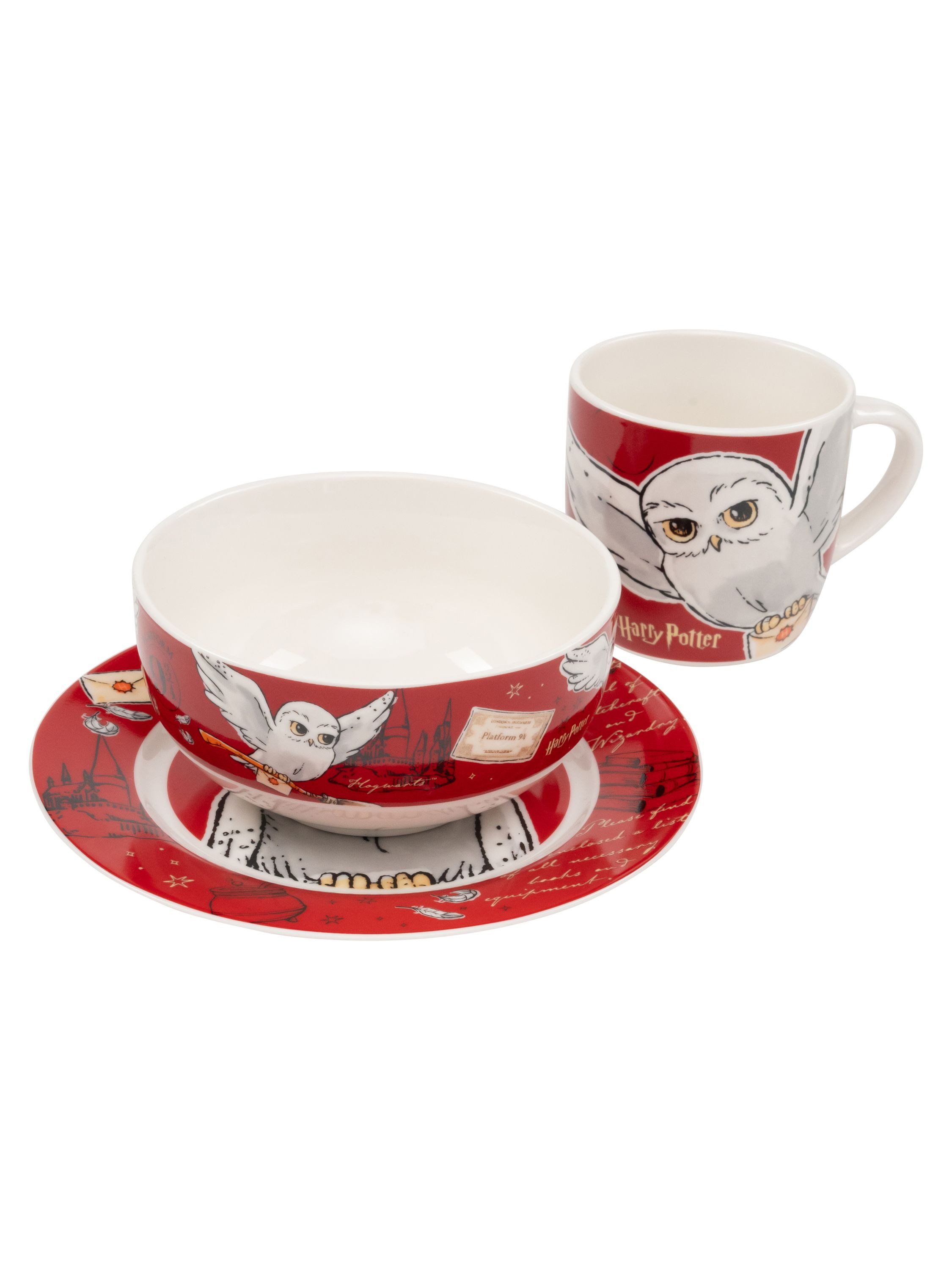 United Labels® Frühstücks-Geschirrset Harry Potter - Hedwig Eule - 3-teilig, 1 Personen, Porzellan