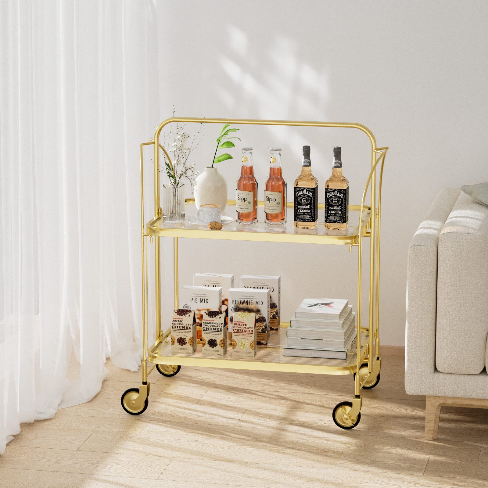 PFCTART Servierwagen Faltbarer Servierwagen mit Rollen aus Sicherheitsglas, (Set, 1 St., 68×40×80 cm Barwagen für Küche, Esszimmer & Wohnzimmer), Teilweise & vollständig klappbar, 2 Rollen mit Bremse