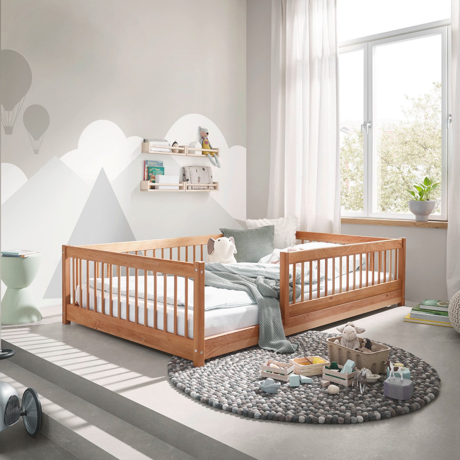 Kinderbett Bodenbett Cavo (Erle, geölte, weiße oder olive Oberfläche), Bodenbett zum Kinderbett umbaubar