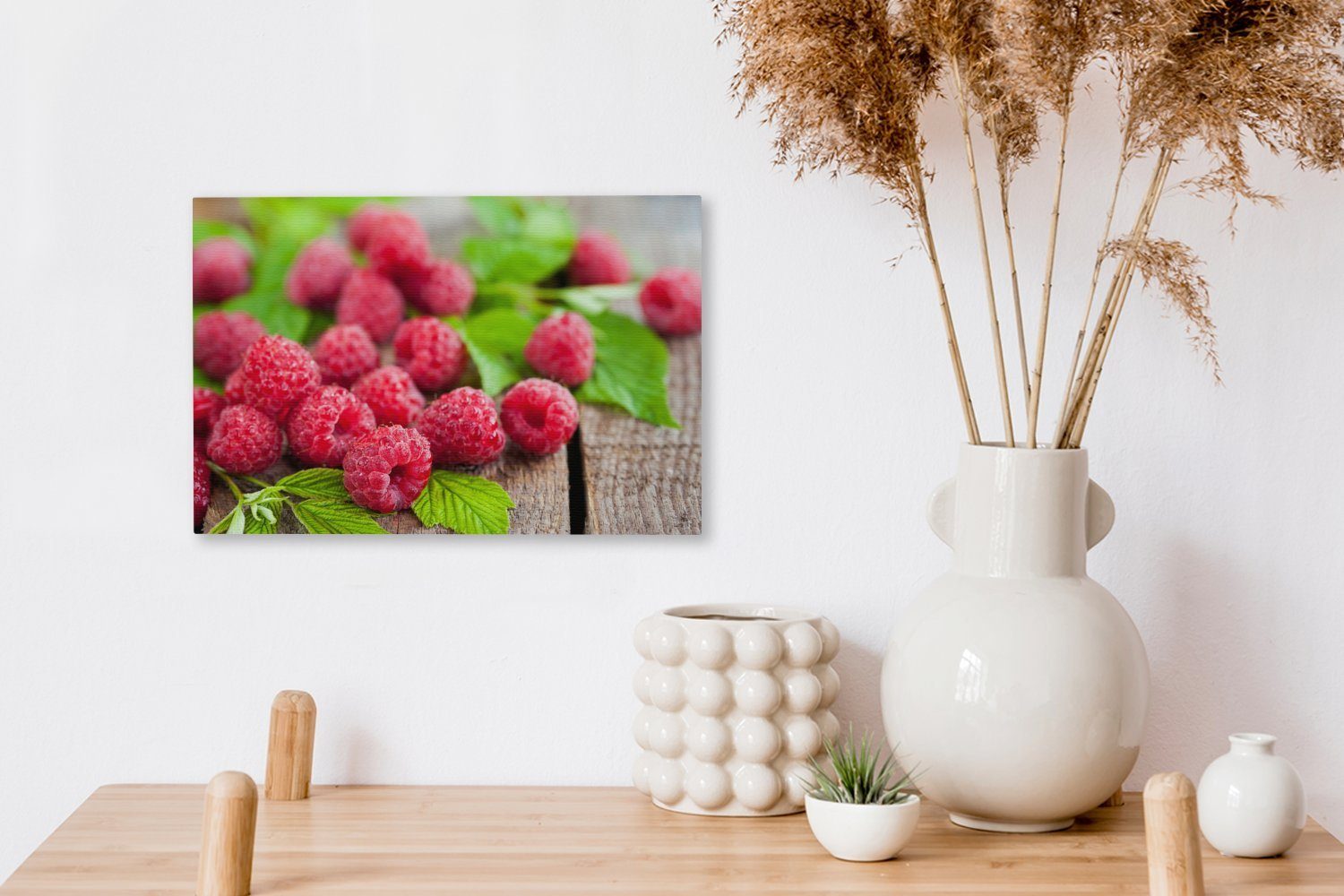 - 30x20 Wanddeko, (1 Wandbild Himbeeren, Holz Leinwandbild St), Aufhängefertig, Leinwandbilder, Obst OneMillionCanvasses® cm -