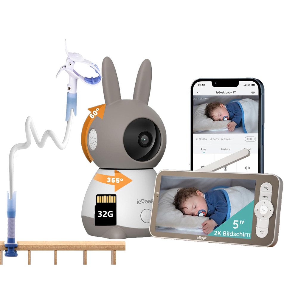 Video-Babyphone 5 Zoll Babyphone mit Kamera 2K/3MP WLAN Video Babyfon mit Halterung