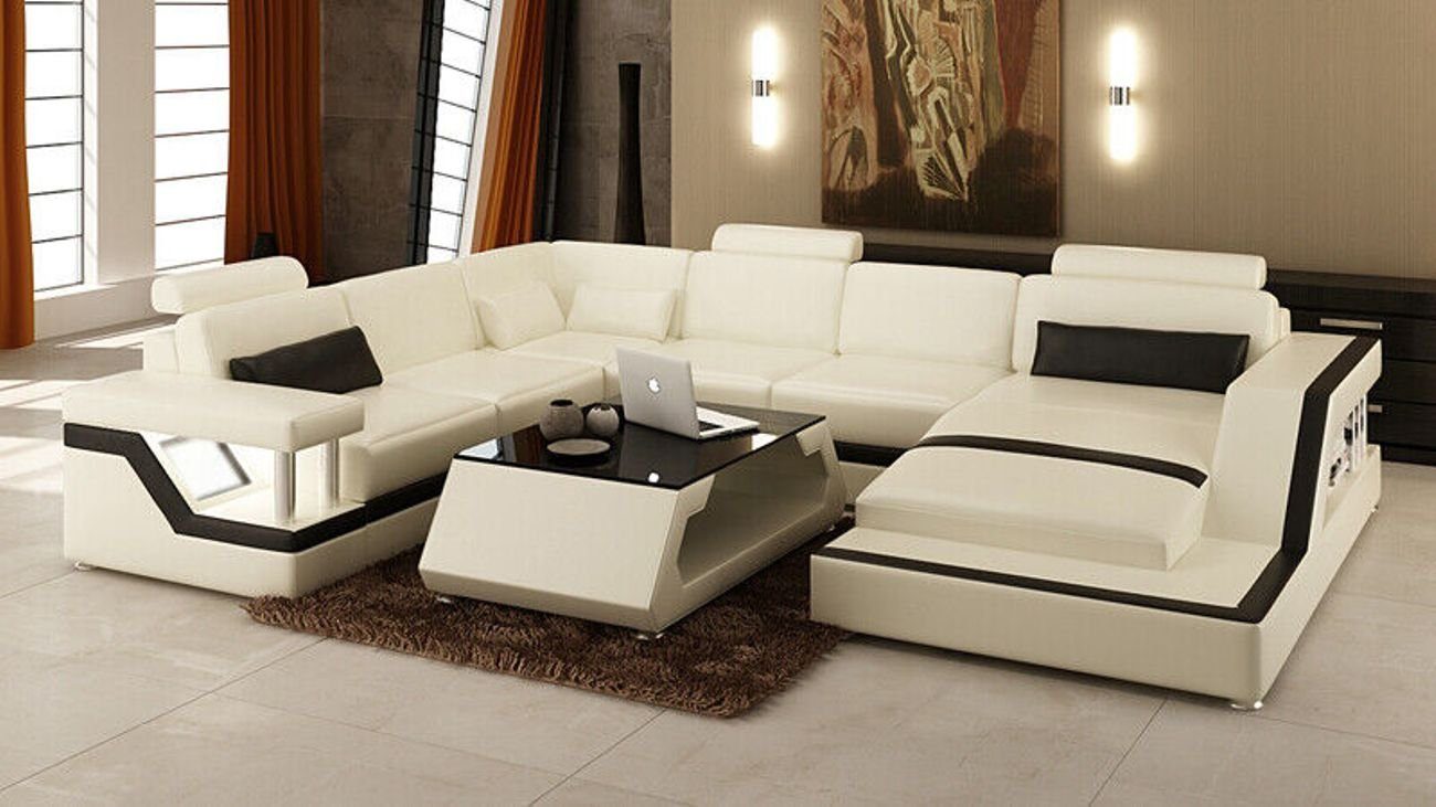 JVmoebel Ecksofa Leder Wohnlandschaft Eck Sofa Moderne Garnitur Couch Ecke USB+LED Weiß