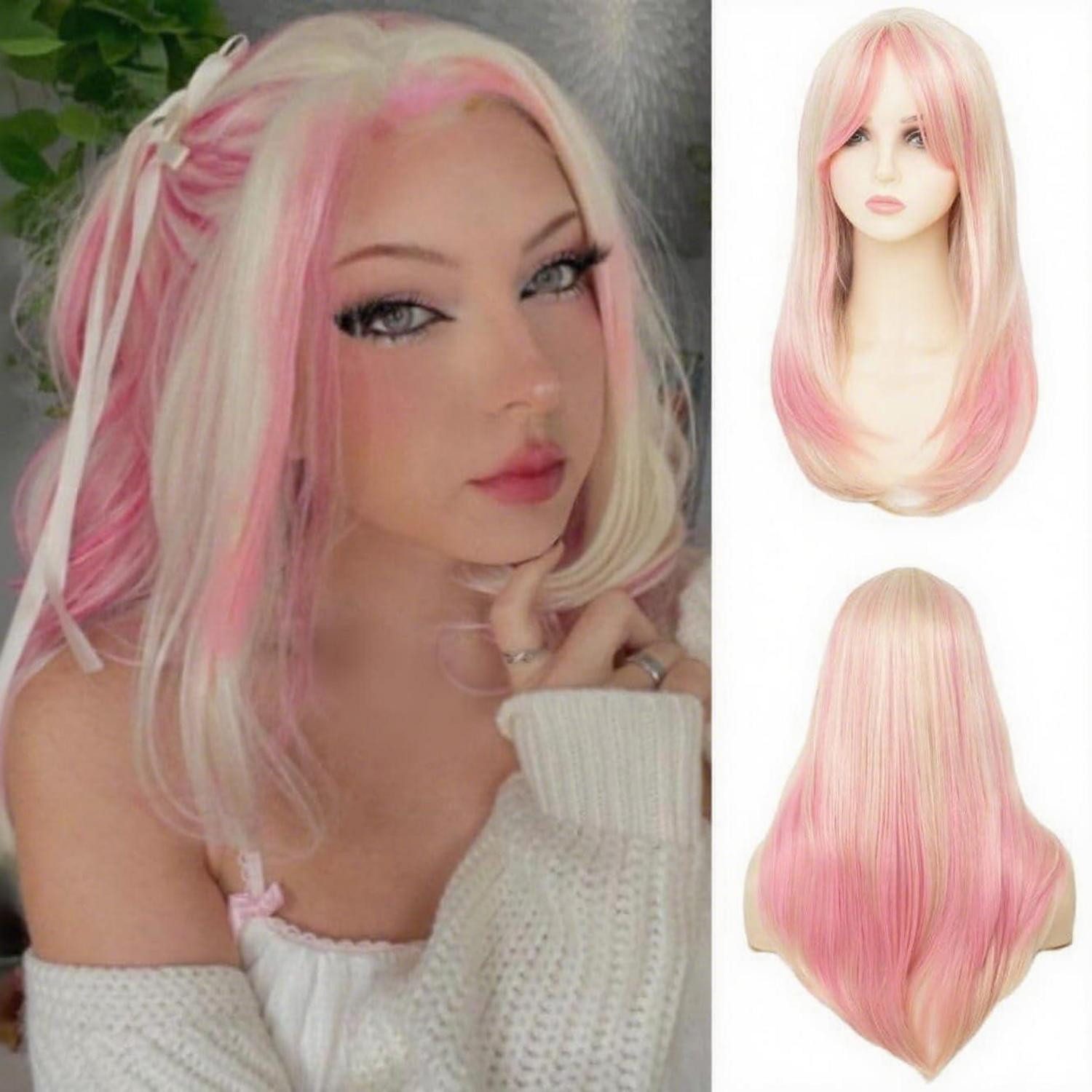 LuxusKollektion Kunsthaarperücke Perücke Frauen lang Mittelteil Synthetik Cosplay Party Blond Rosa