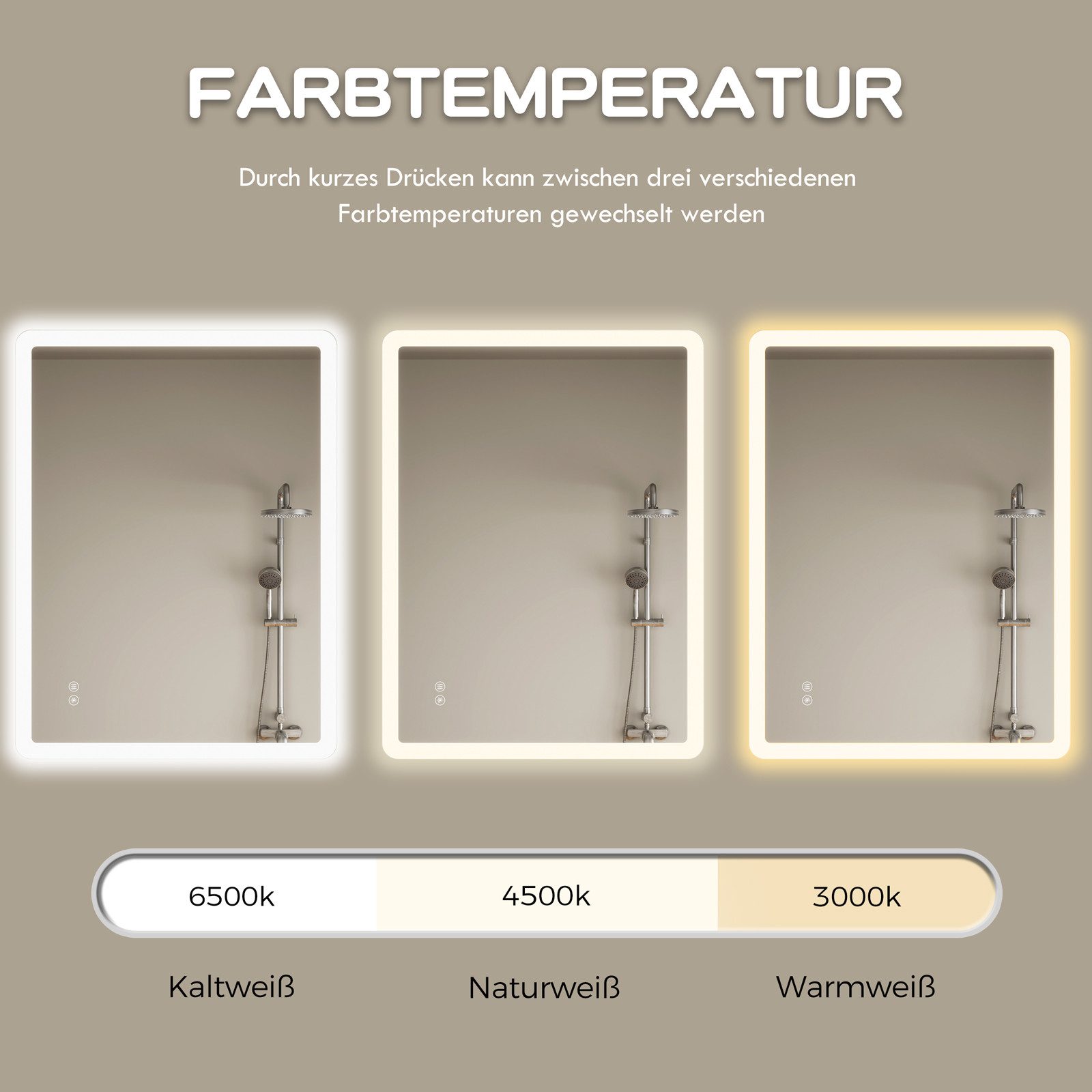 IMPTS Badspiegel Badezimmer Wand spiegel mit Beleuchtung Dimmbar-Funktion (Set, 3 Farben, IP44, Anti-Beschlag, Dimmbar, Vertikal/Horizontal Montage), Wandspiege – Bild 4 von 5