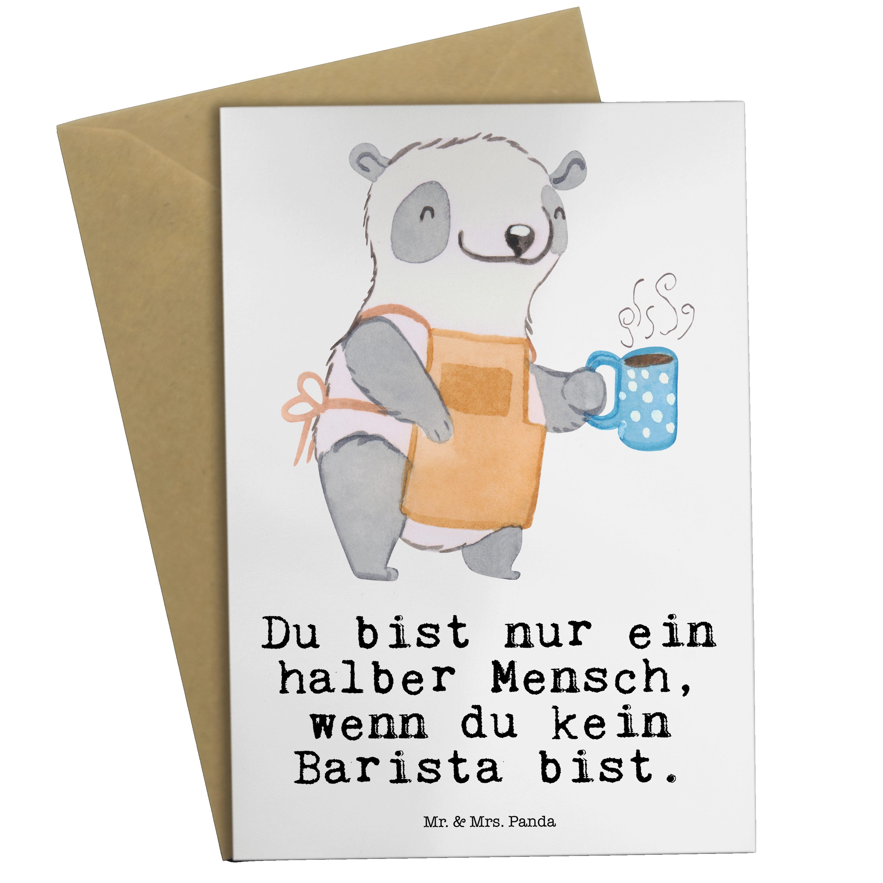 Mr. & Mrs. Panda Grußkarte Barista mit Herz - Weiß - Geschenk, Klappkarte, Mitarbeiter, Kaffee