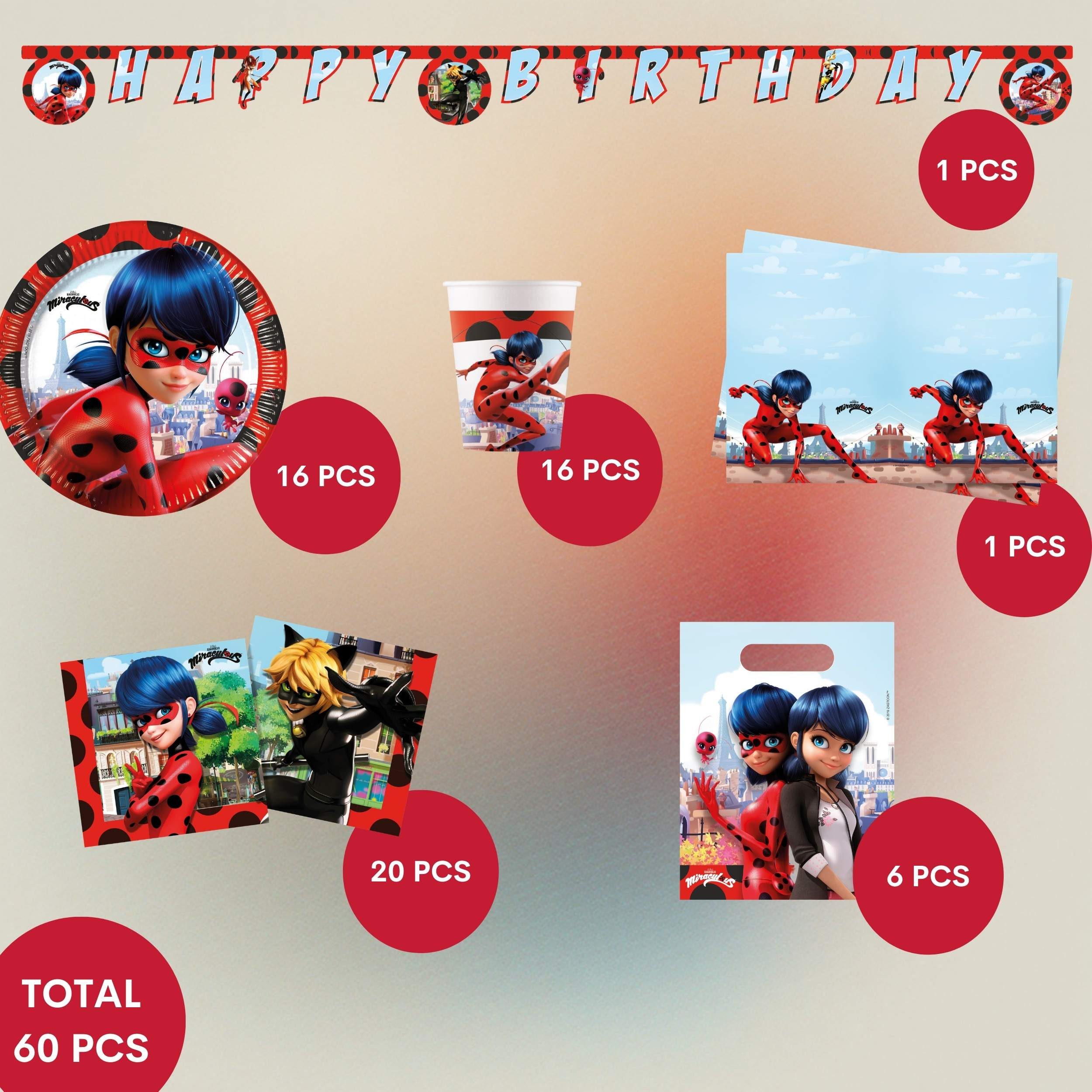 Procos Einweggeschirr-Set 60-tlg. Miraculous Ladybug Party Set für Kindergeburtstag, 16 Personen