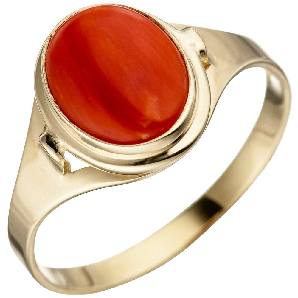 Koralle Korallenring Krone Gold schlicht, rot Ring Schmuck Gelbgold 333 333 Damenring Gold oval Fingerring mit