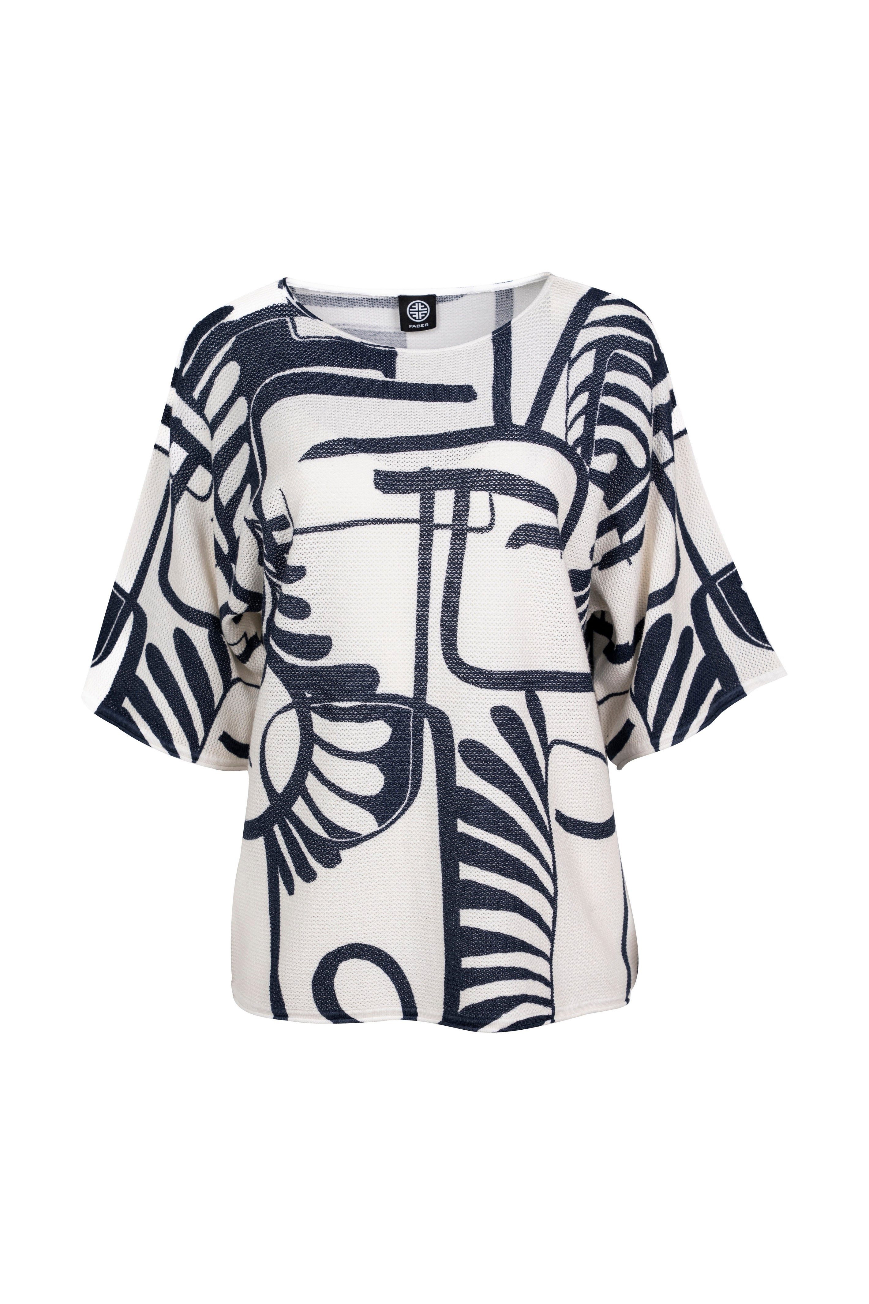 Faber 3/4 Arm-Pullover Leichter Pullover mit Graphic Art Print in 3/4 Fledermausform Feinstrick mit modernem Grafikdruck