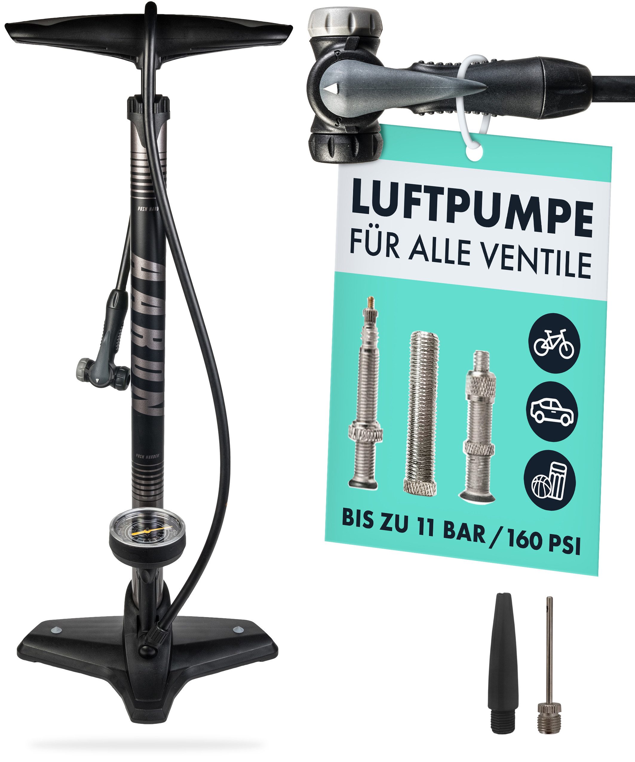 AARON Fahrradpumpe Sport One Fahrradpumpe für MTB Trekking Rennrad Stadtrad Ventil