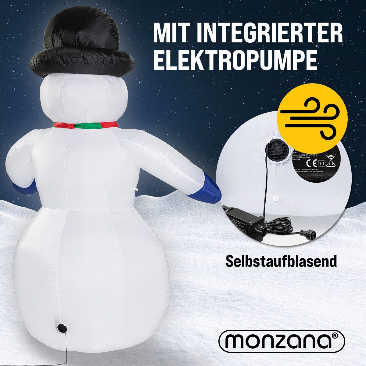 monzana Schneemann, Aufblasbarer XXL 240cm LED Beleuchtet Befestigungsmaterial IP44 Außen