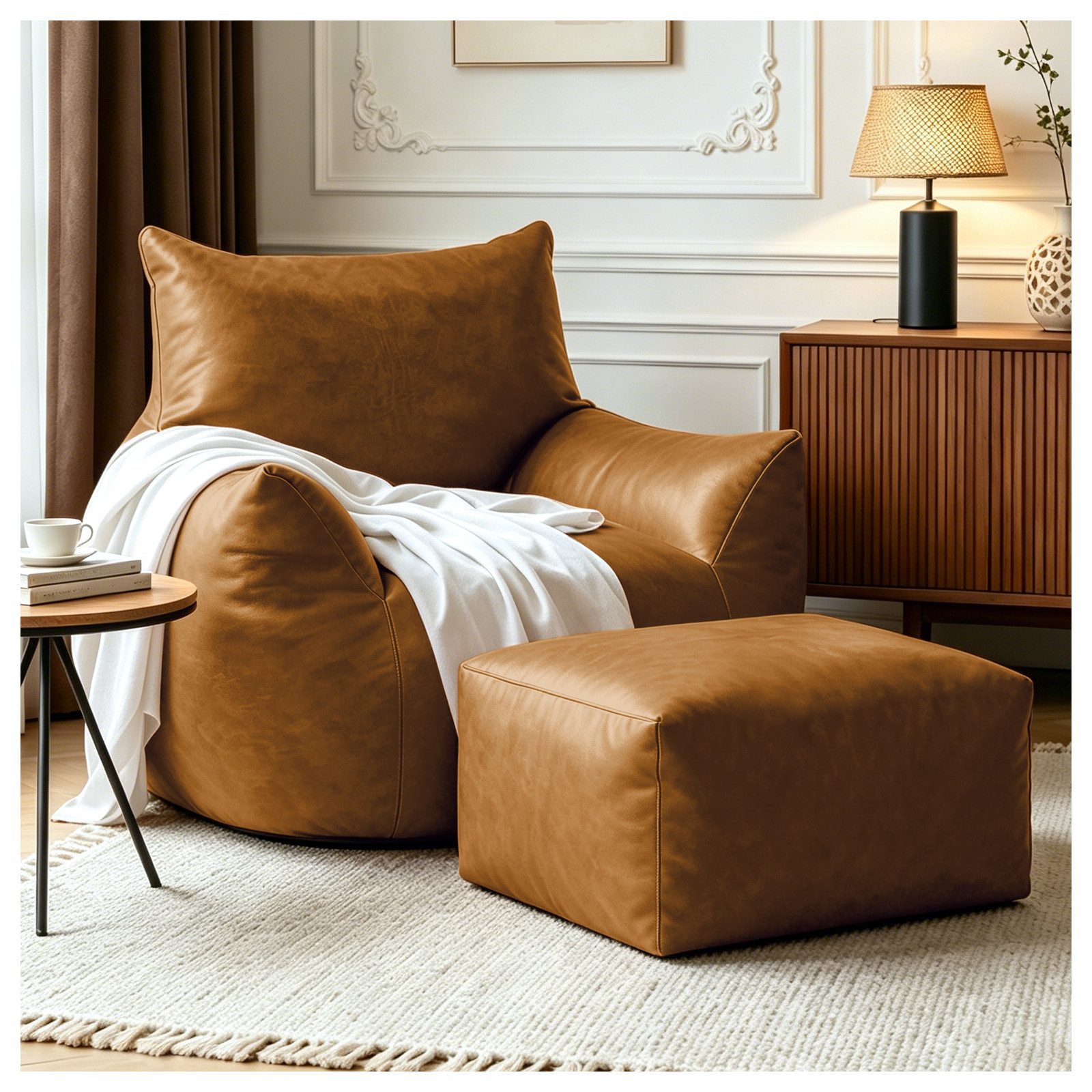 VUZINIC Loungesessel Übergroßer Vintage-Kunstleder Liegesessel mit Fußhocker (2-St), hochdichter Schaum für Wohn- & Schlafzimmer, Braun