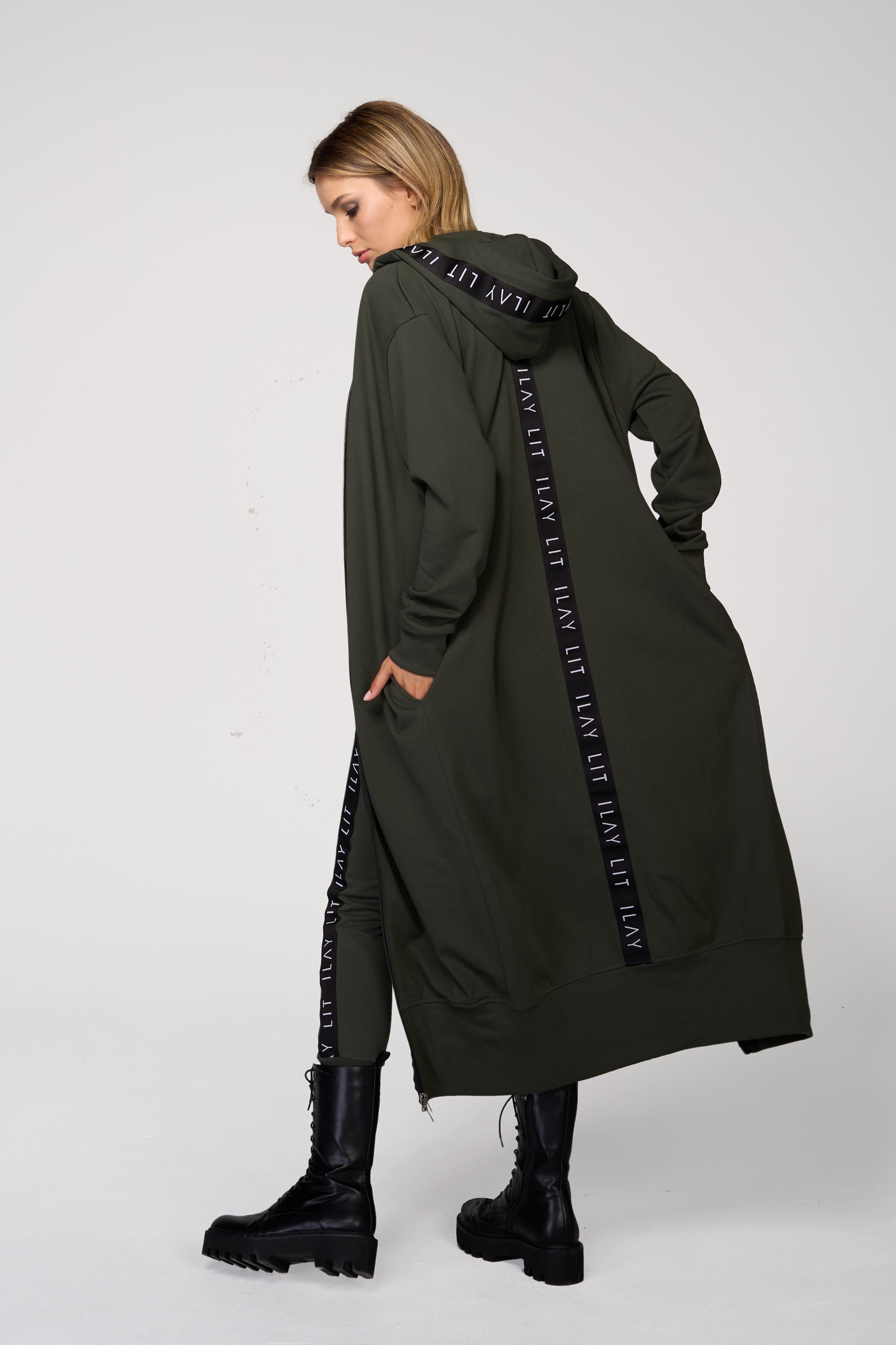 ILAY Lit Kapuzensweatjacke Long Coat-Olive-Lässiger Hoodiemantel im Urban Style Kapuze mit Tunnelzug und Labelband