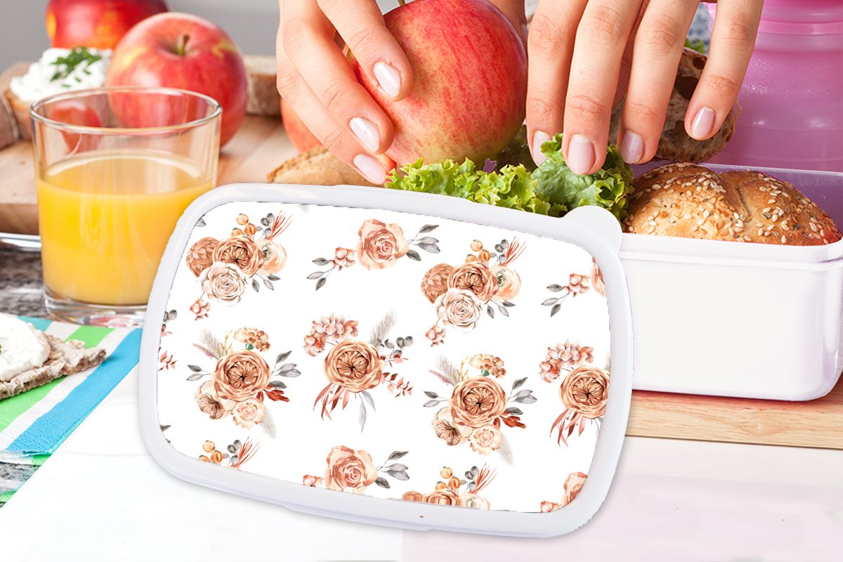 weiß Brotbox für Rosen Erwachsene, Jungs Bohème MuchoWow Mädchen und - - Braun, (2-tlg), für und Kinder Kunststoff, Lunchbox Brotdose,