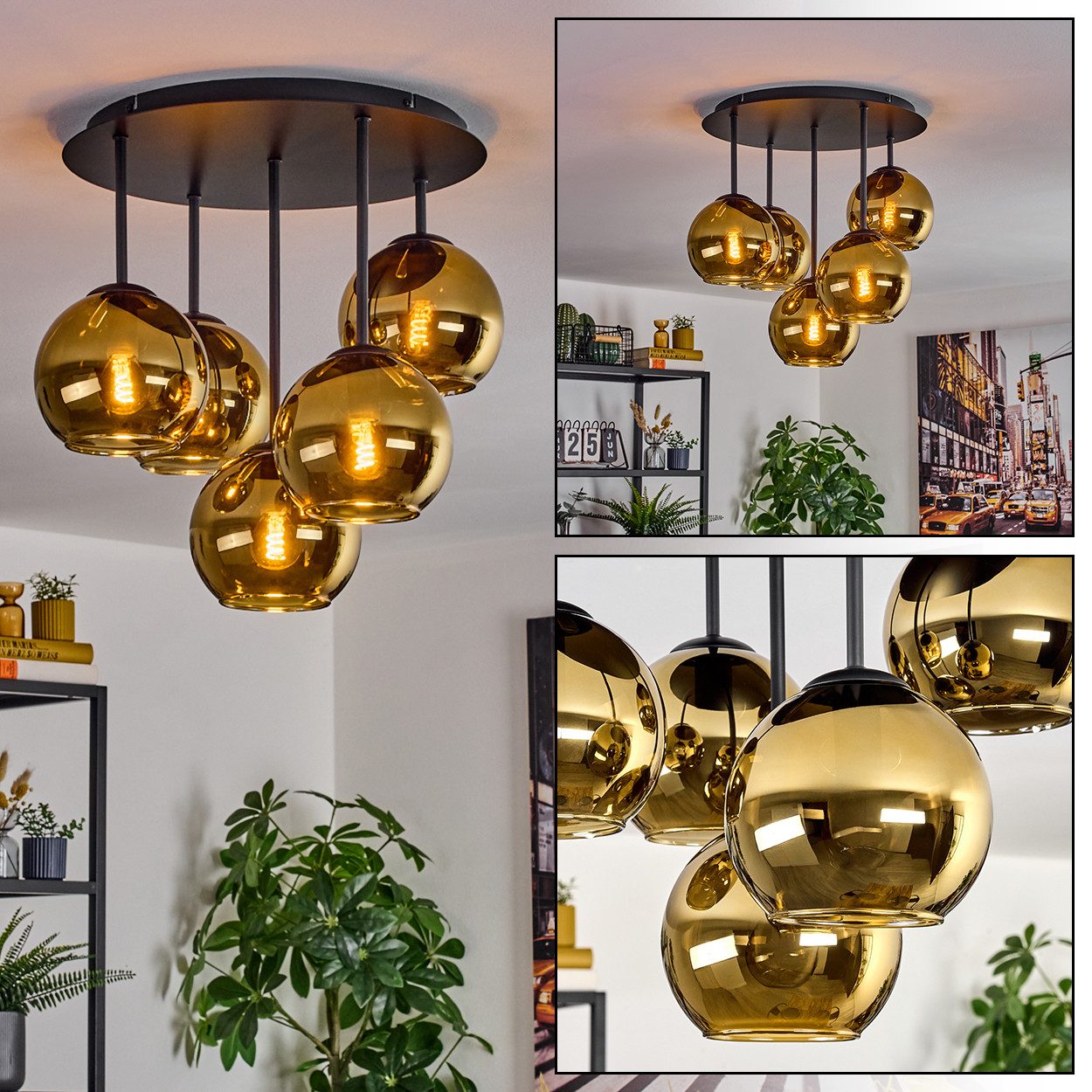 hofstein Deckenleuchte Deckenlampe aus Metall/Glas in Schwarz/Goldfarben, Deckenleuchte im Retro/Vintage-Design (Schirme Ø 15 cm), 5 x E14