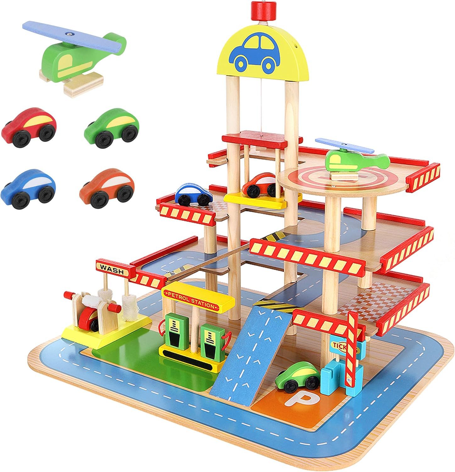 KRUZZEL Spiel-Parkhaus 3-Ebene Parkplatz Parkhaus Auto Garage aus Holz mit Zubehör