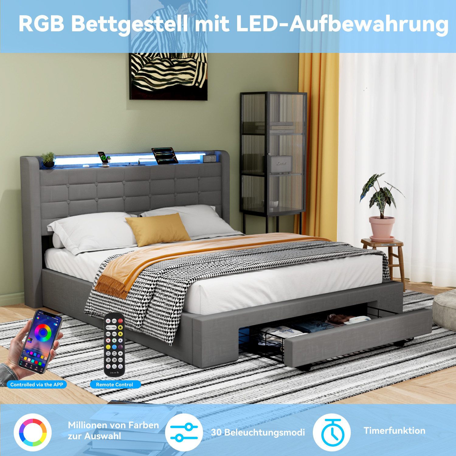 oyajia Stauraumbett LED Hydraulisches Doppelbett 140x200cm mit Ladefunktion (LED, USB- & Typ-C-Ladestation), 90/140/160 x200cm mit Ladefunktion