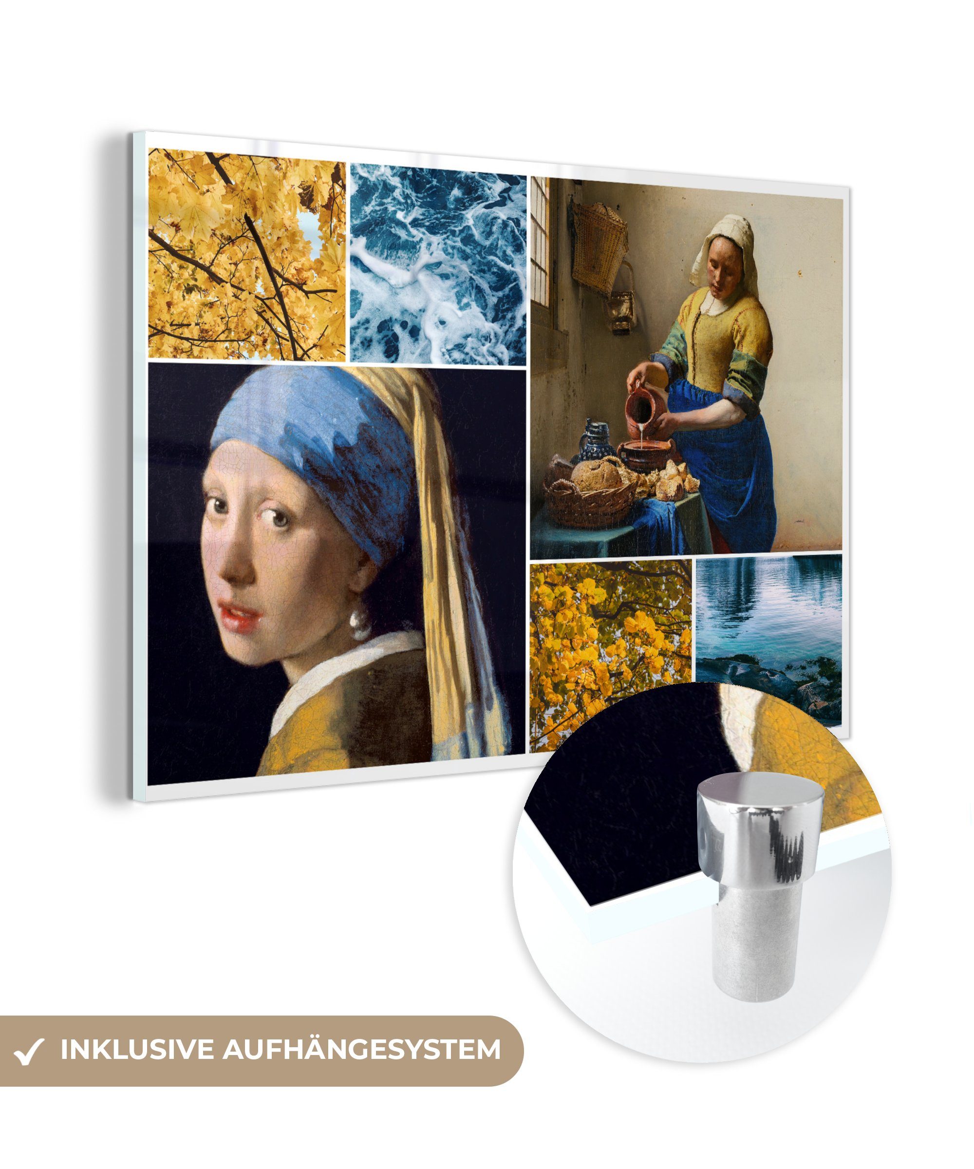 MuchoWow Acrylglasbild Vermeer - Collage - Milchmädchen, (1 St), Glasbilder - Bilder auf Glas Wandbild - Foto auf Glas - Wanddekoration