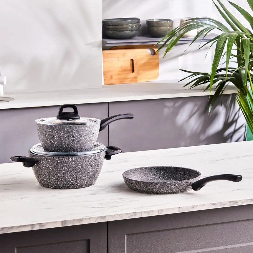 Karaca Topf-Set Karaca Gris Biogranite Induktion-Basis Kochgeschirr-Set, 5 Teilig, Bratpfanne Kochgeschirr Bratentopf Fleischtopf Stieltopf Pfanne