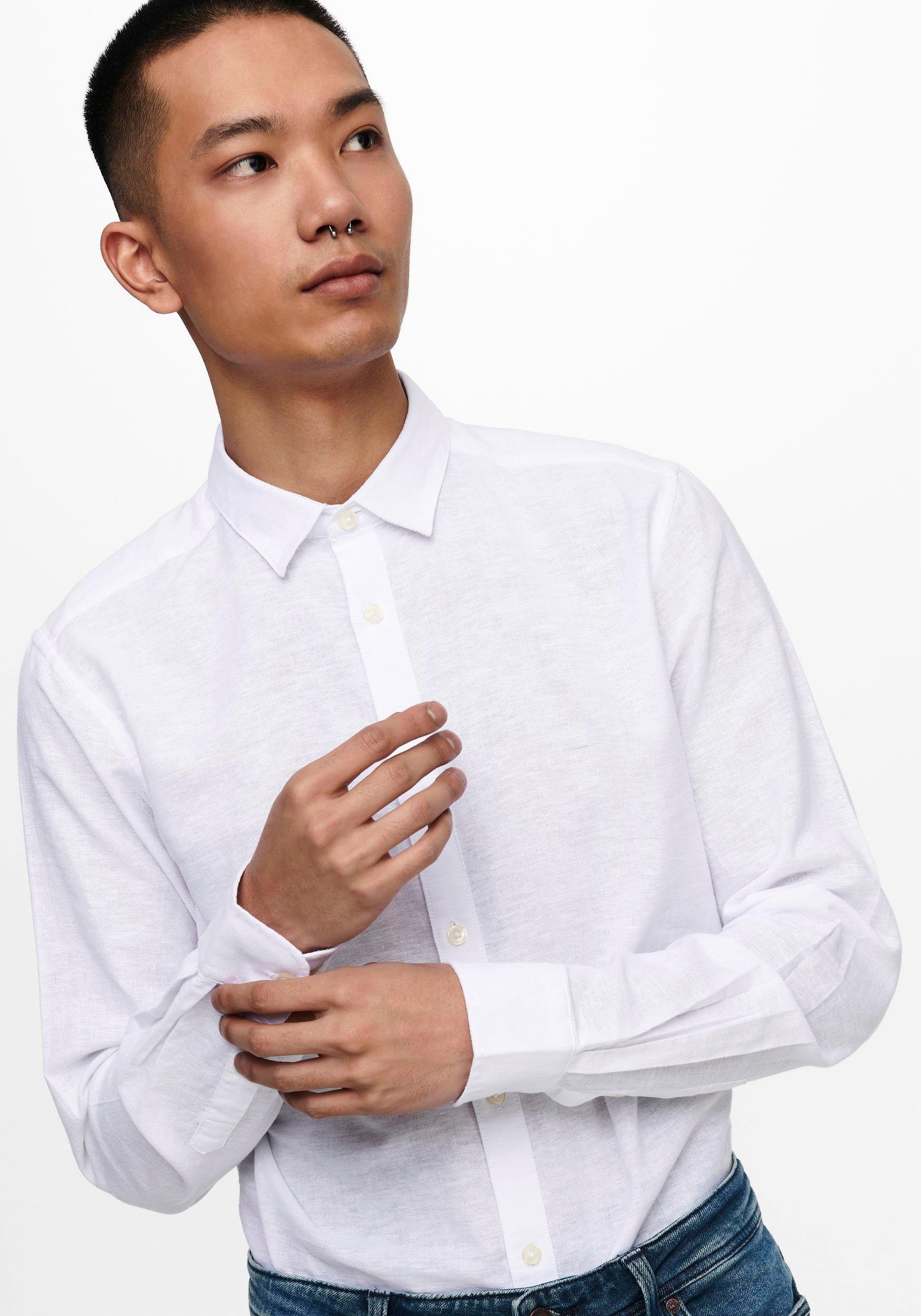 ONLY & SONS Langarmhemd ONSCAIDEN LS SOLID LINEN SHIRT NOOS Baumwollmischung mit Leinen, slim fit