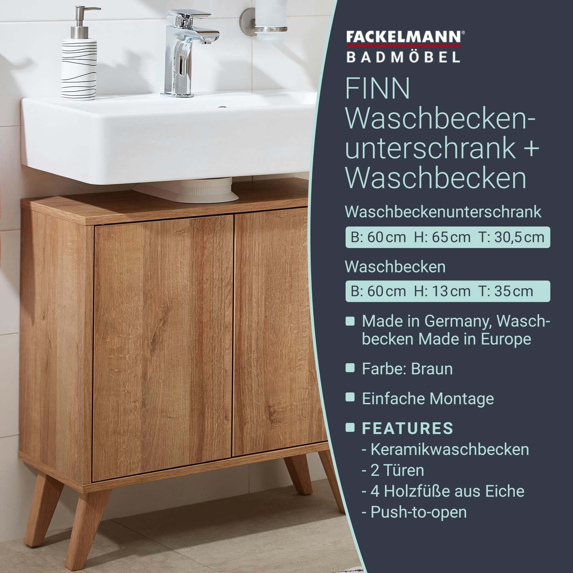 FACKELMANN Badmöbel-Set Finn Badmöbel Set 3-teilig 60 cm breit, mit Füßen, hell braun