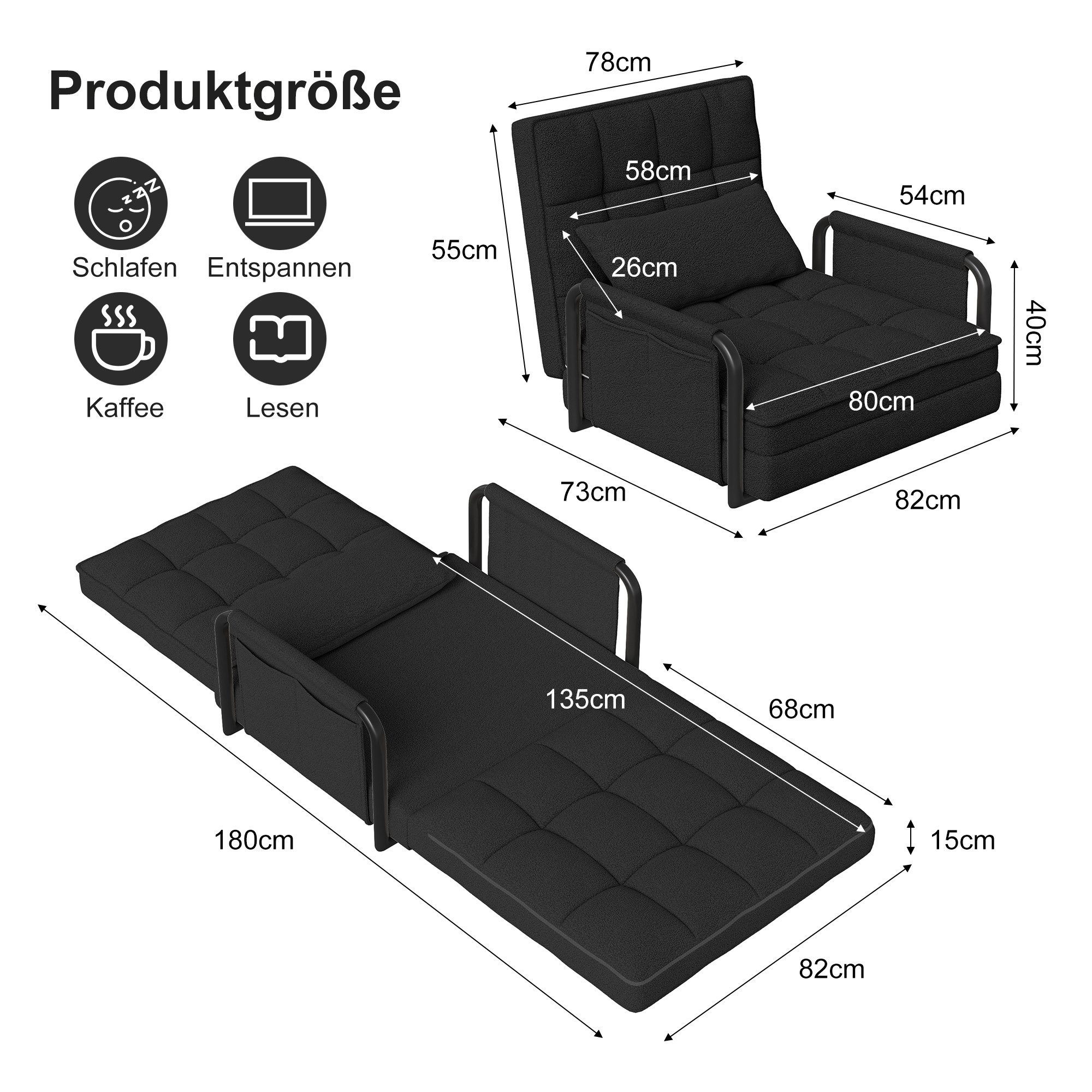 Furnishings Home Schlafsofa Loungesessel Schlafsessel 2 in 1, inkl. Kissen, Sehr gut geeignet für Schlafzimmer und Wohnzimmer 1 Teile, mit Bettfunktion, Sofabett, 82x180 cm, Samt