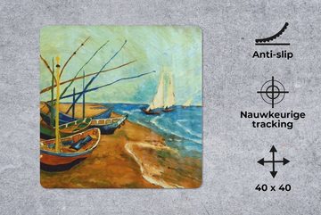 MuchoWow Gaming Mauspad Fischerboote am Strand - Gemälde von Vincent van Gogh (1-St), Mousepad mit Rutschfester Unterseite, Gaming, 40x40 cm, XXL, Großes