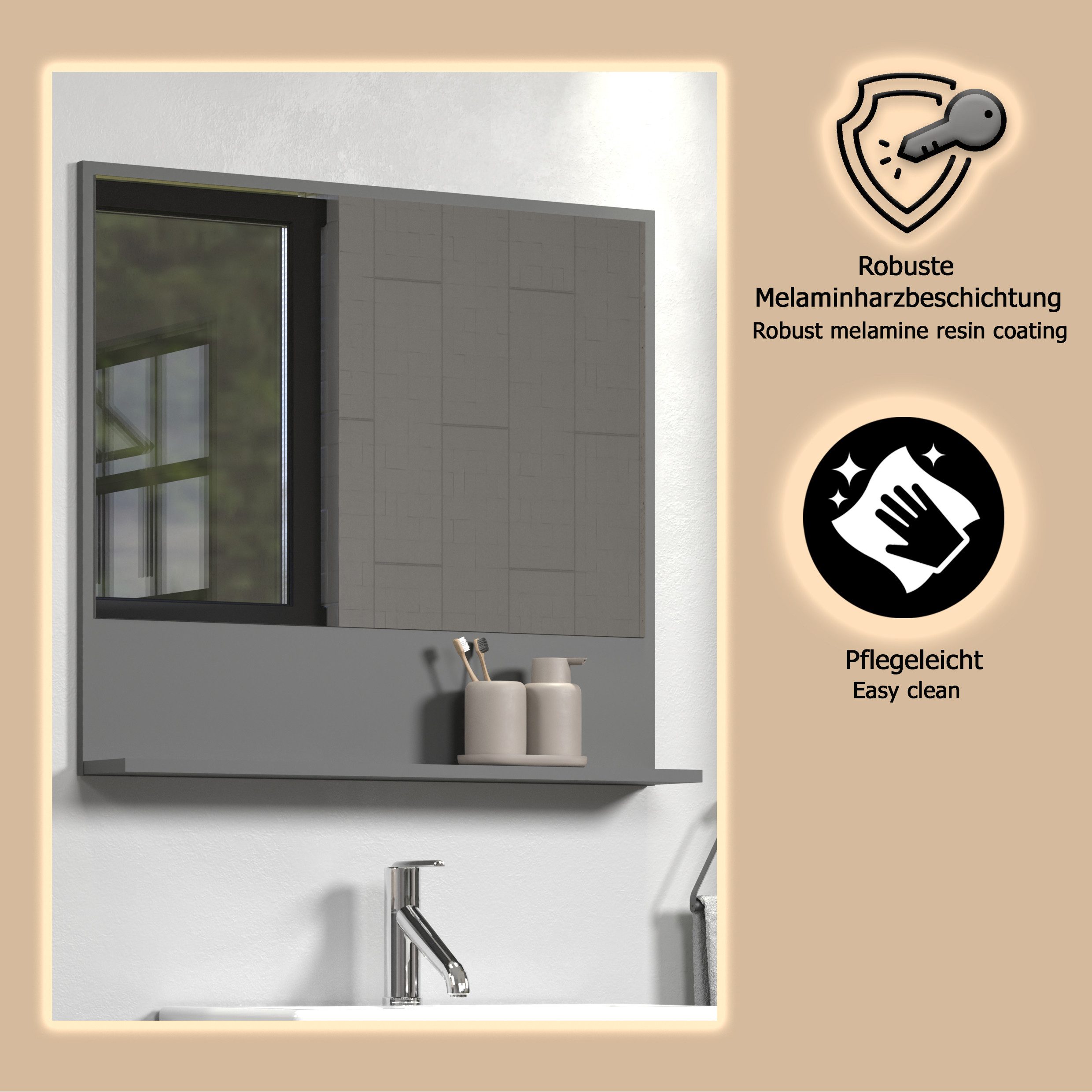 welltime Badspiegel Amrum, Wandspiegel mit Ablage - (B/T/H) wahlweise 60 bis 80/14/74 cm