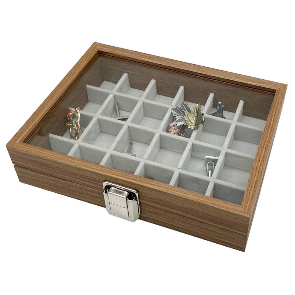 mixed24 Schmuckkasten 24 Fächer Klein für Schmuck Ringe Ohrringe Halsketten Armbänder Holz, Deckel aus Echtglas Schmuckkoffer – Bild 5 von 5