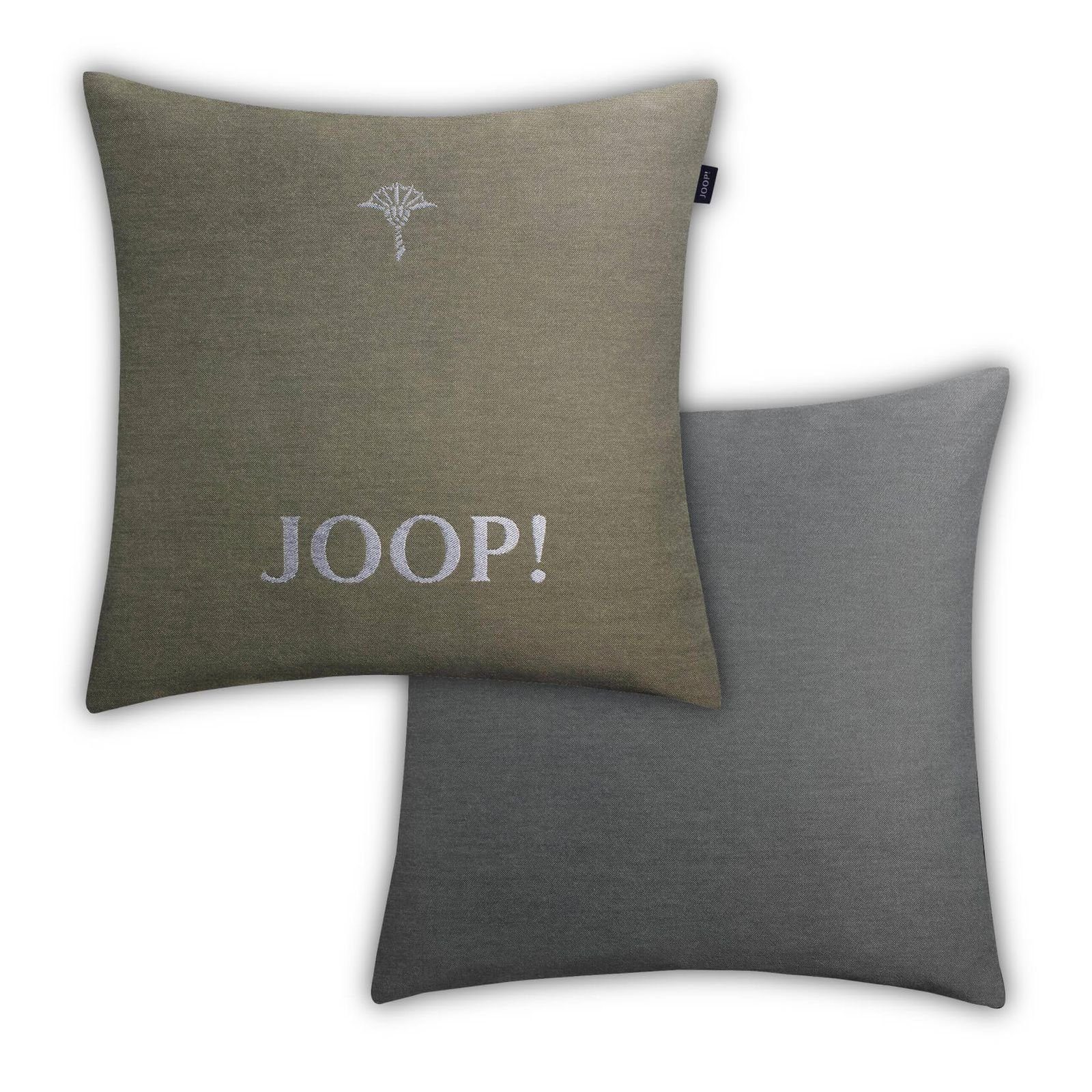 Joop! Dekokissen Kissenhülle Chains 50852, Kornblumen-Prägung, JOOP!-Logo Olive, Silber