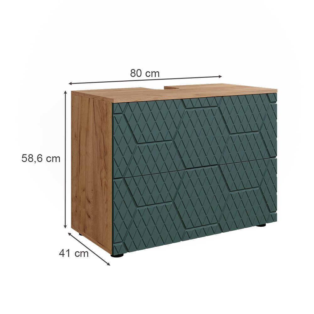 Vicco Waschbeckenunterschrank Irma, Goldkraft Eiche/Grün, 80 cm mit 2 Schubladen (1-St)