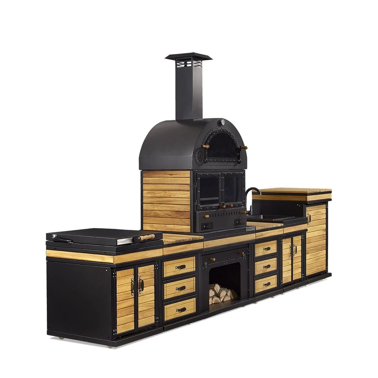 JVmoebel Outdoor-Küche Moderne Außenküche aus Holz und Edelstahl in Schwarz, Made in Europe