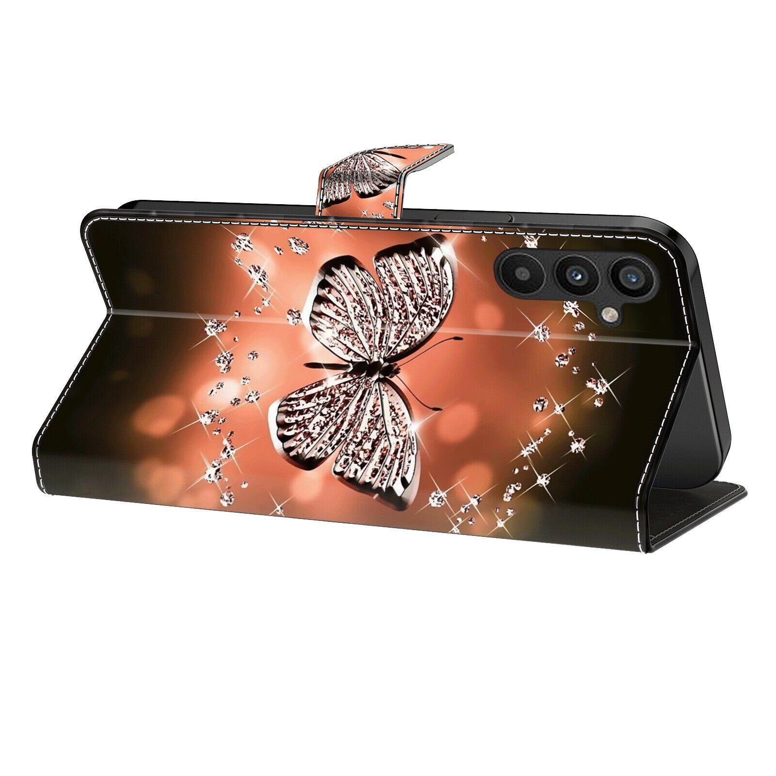 CLM-Tech Handytasche für Samsung Galaxy A25 5G Hülle Tasche aus Kunstleder Klapphülle (Schmetterling Diamanten Muster, Handyhülle mit Standfunktion - Wallet Flip Case inklusive Kartenfächer), - Cover Etui mit Magnetverschluss - Galaxy A25 5G Schutzhülle