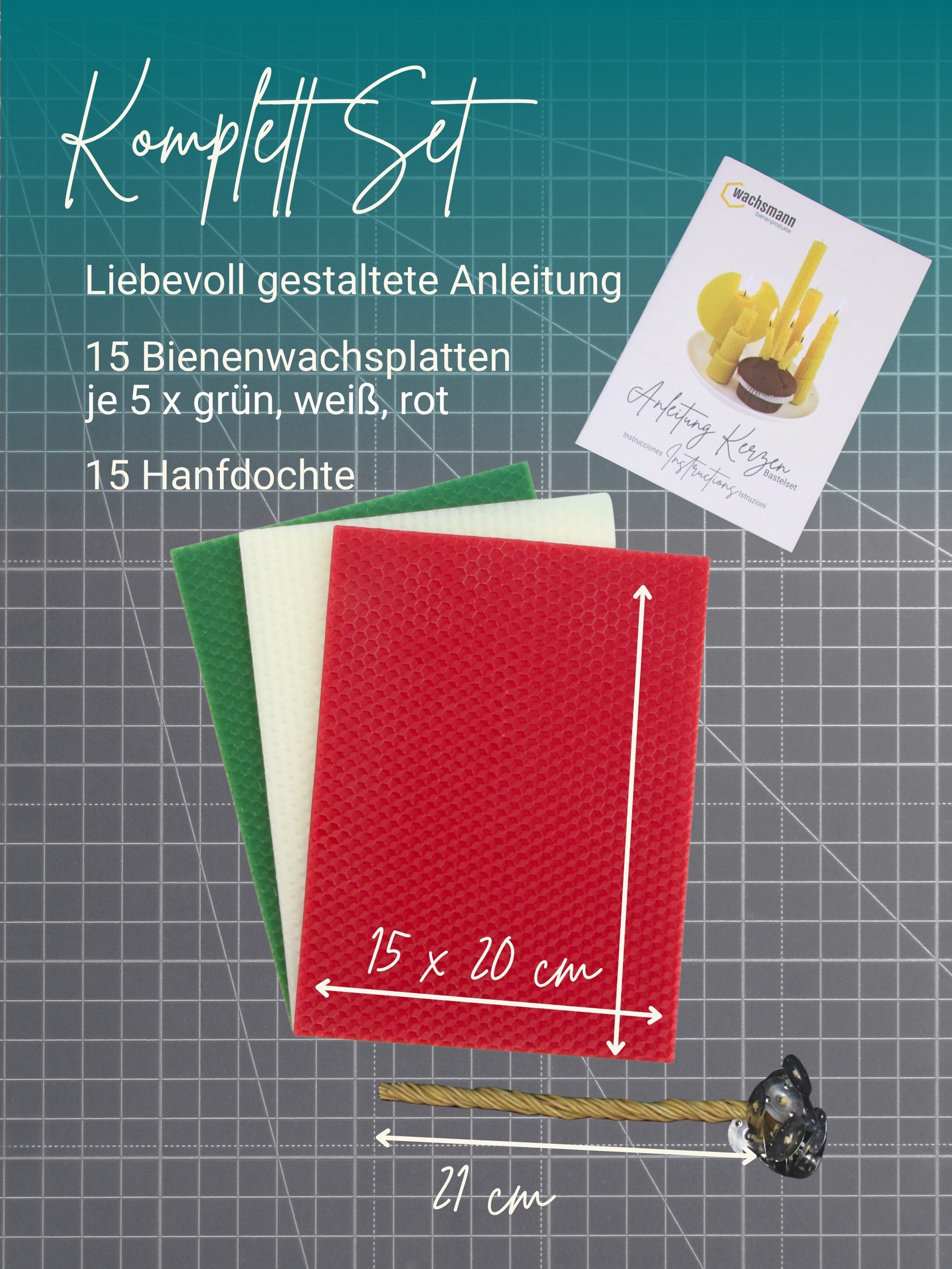 Wachsmann Bienenprodukte Bienenwachskerze selber machen Set (Komplett-Set, Bienenwachsplatten und Hanf-Dochte für 15 Kerzen), reines Bienenwachs aus Deutschland