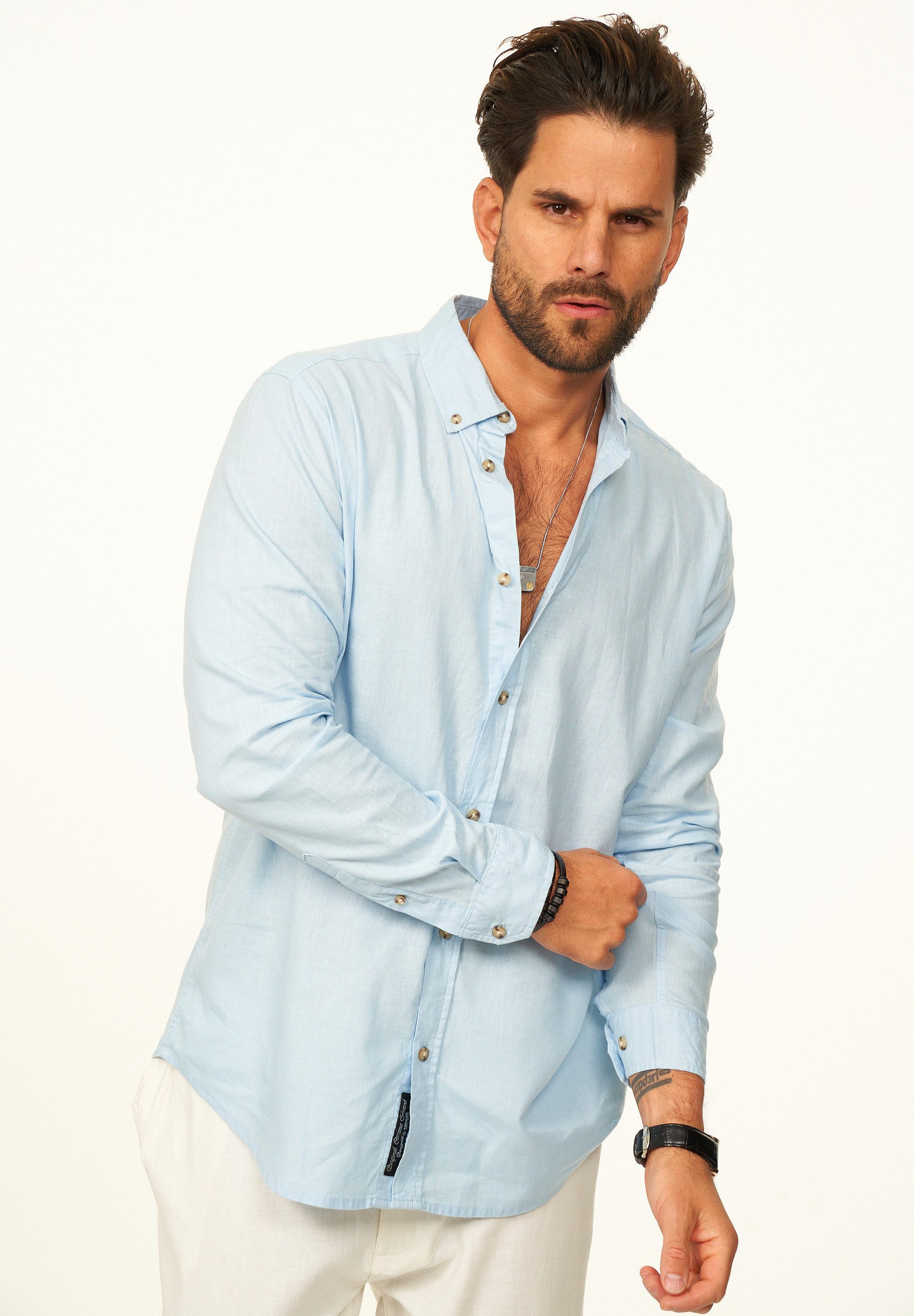 behype Langarmhemd aus Leinen im Regular-Fit Sommerhemd Herren Leinenhemd Freizeithemd mit Button-Down-Kragen