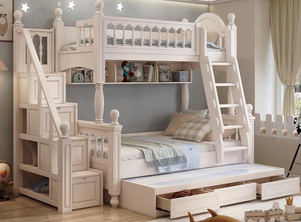 Xlmoebel Etagenbett Doppelstockbett aus Holz in Weiß mit Leiter und Schubladen (Etagenbett, 1-St., Etagenbett weiß mit Leiter und Schubladen), Made in Europa