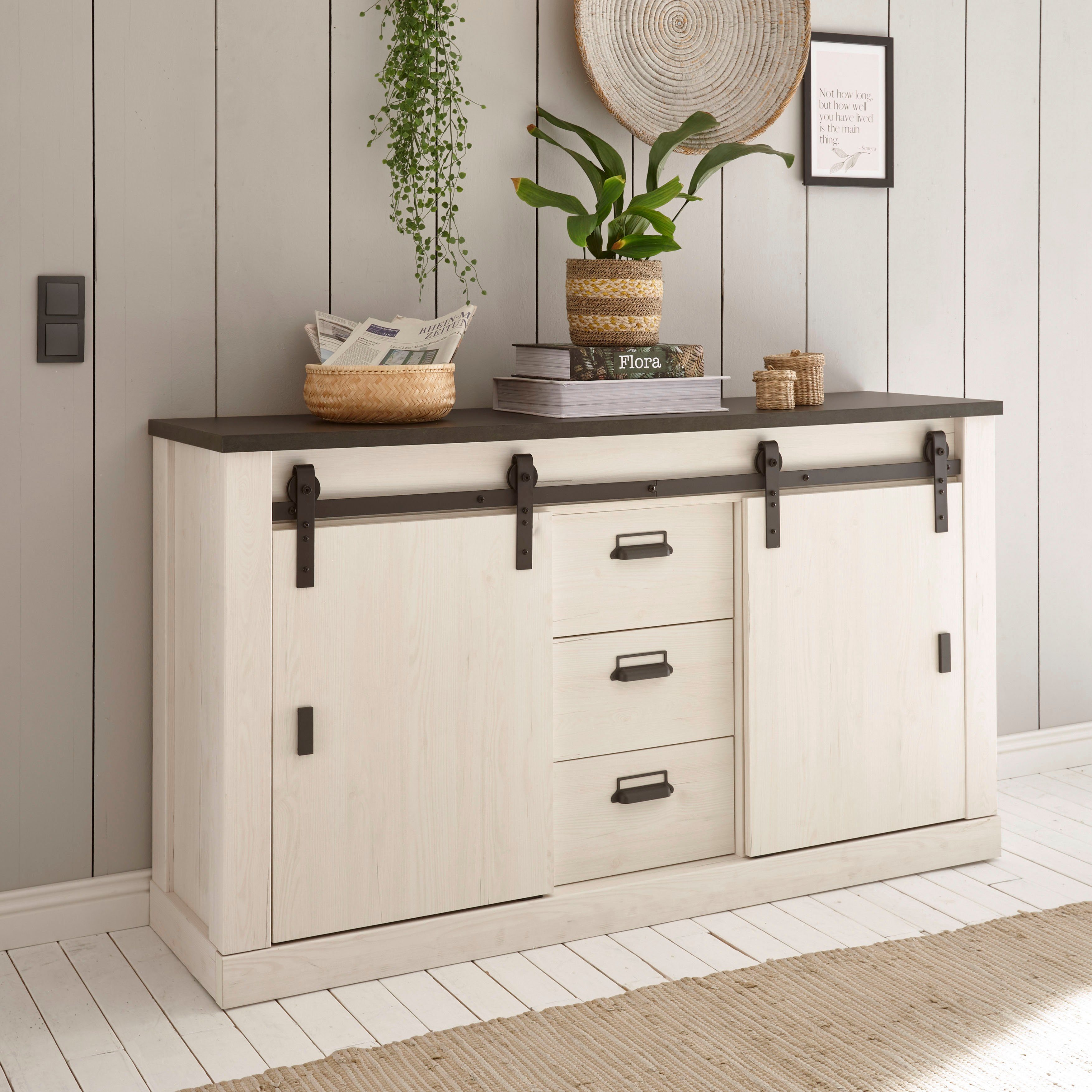 Home affaire Sideboard Sherwood, Kommode im Industrial-Style, Schrank, Stauraumelement, mit Scheunentorbeschlag & Apothekergriffen, in 2 Farben erhältlich